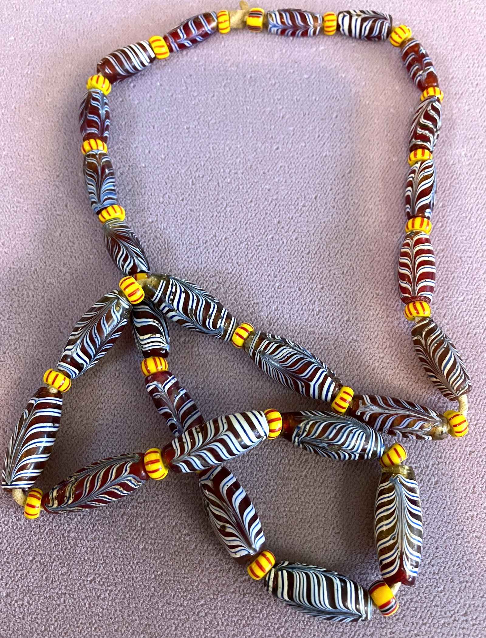Old Red Feather Glass Trade Beads & Chevron Glass Beads on Leather Cord (Necklace) (1 of 5)