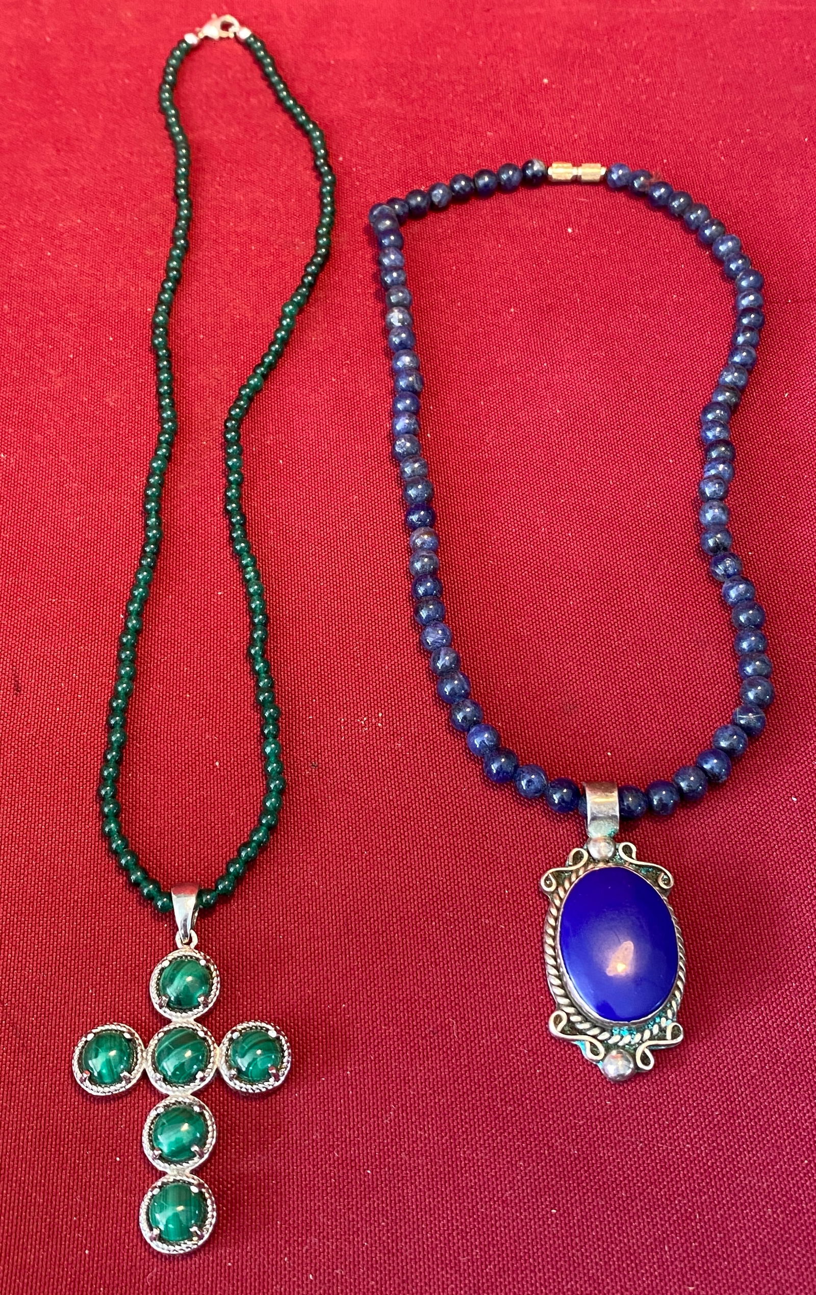 Two Pendants w/Stone Beaded Necklaces - Malachite Cross and Lapis(?) - One Marked Sterling, One Mark (1 of 6)