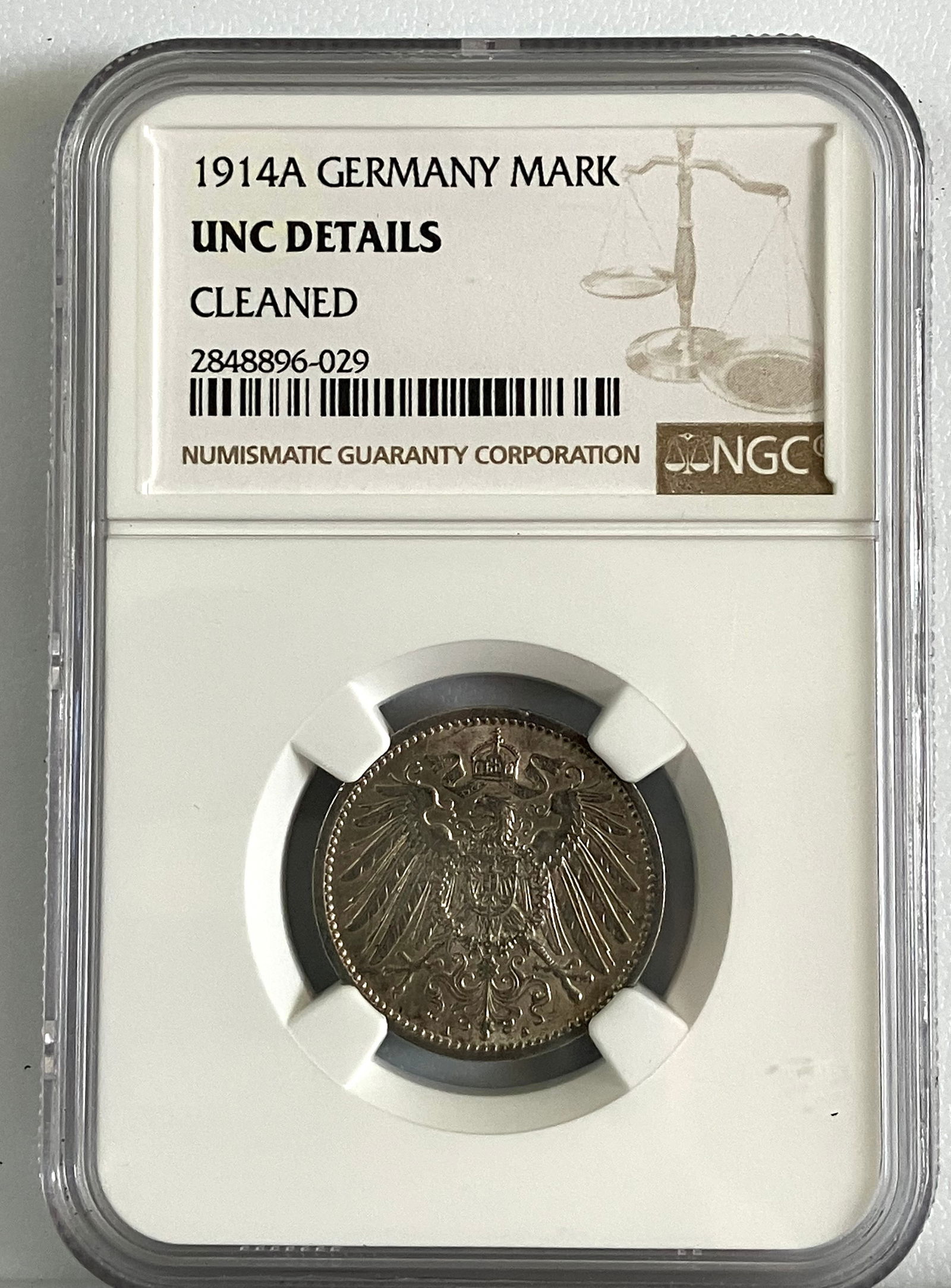 Graded 1914-A Silver German 1 Mark Coin - UNC Details/Cleaned - by NGC (1 of 3)