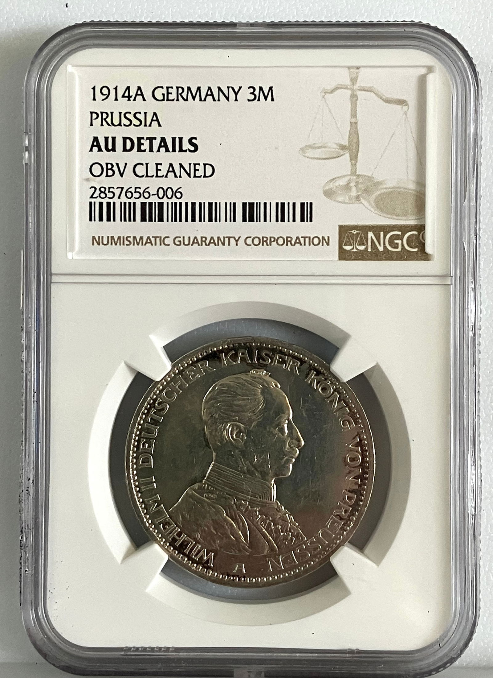 Graded 1914-A Silver German 3 Mark - Prussia - AU Details/Obverse Cleaned - by NGC (1 of 3)