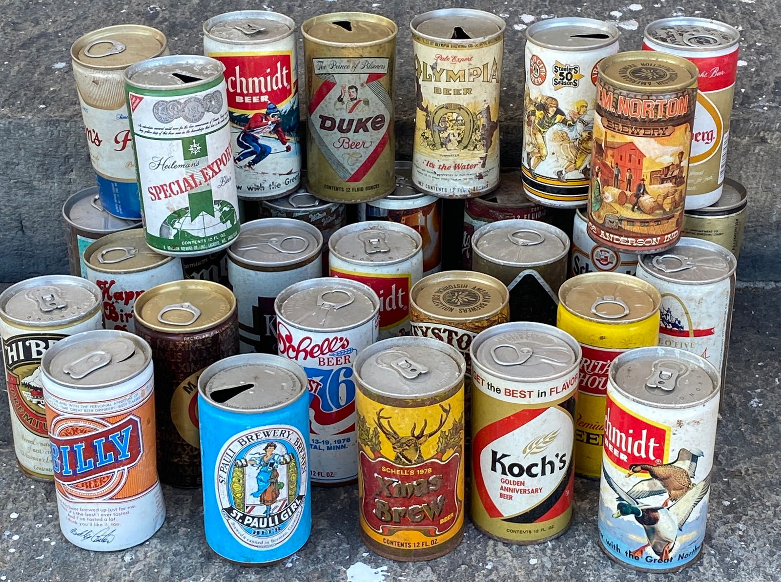 Thirty Various Brand Vintage Beer Cans - Schmidts, Billy, Duke, Olympia, Etc.: Thirty Various Brand Vintage Beer Cans - Schmidts, Billy, Duke, Olympia, Etc.
