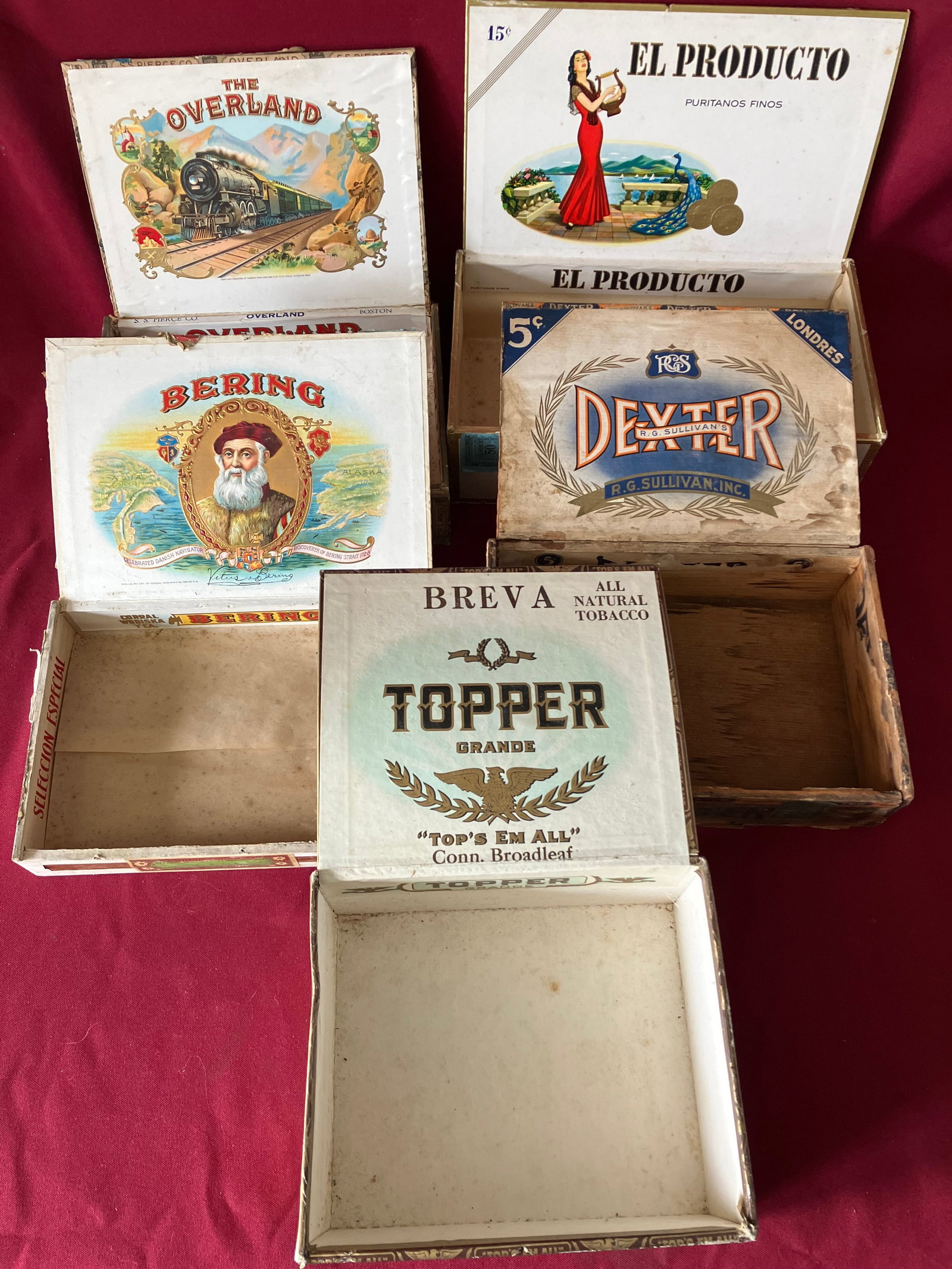 Five Older Advertisement Tobacco Boxes - Dexter, Topper, Overland, Etc.: Five Older Advertisement Tobacco Boxes - Dexter, Topper, Overland, Etc.