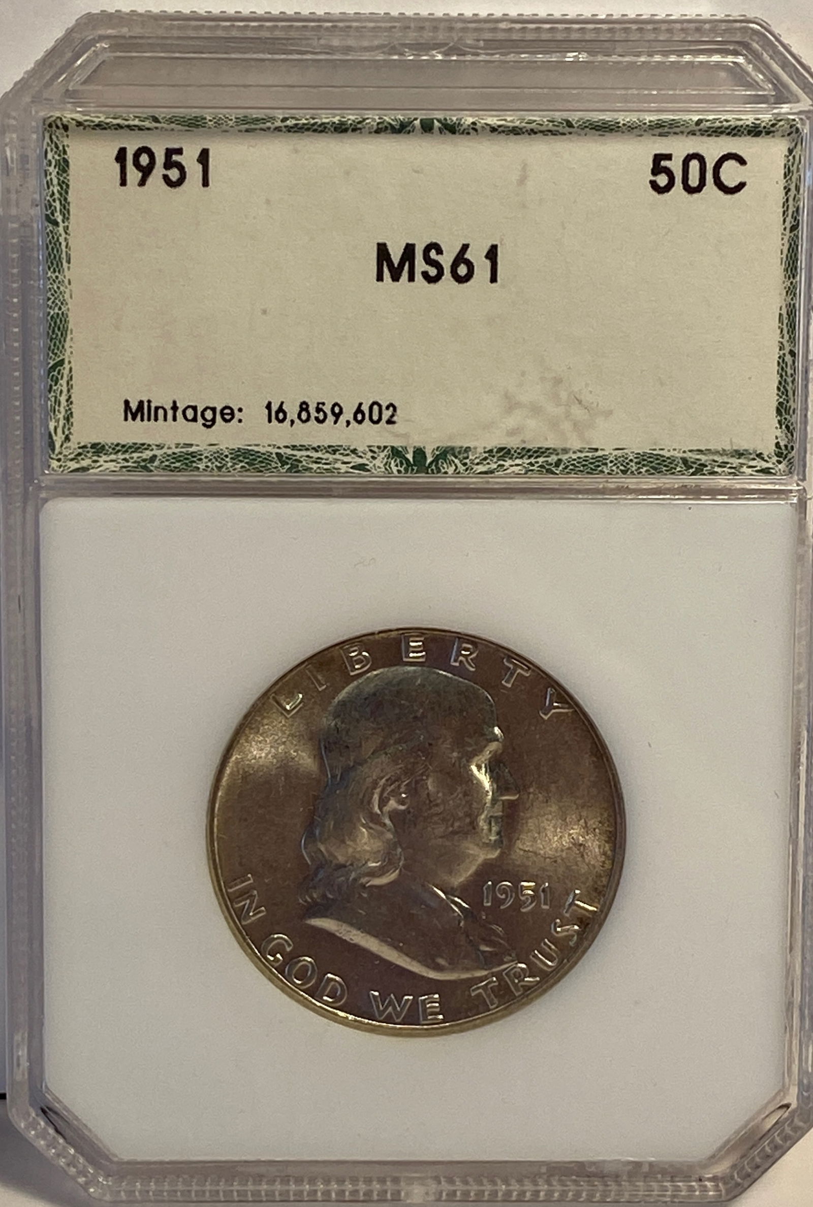 Graded 1951 Franklin Silver Half Dollar - MS61 by PCI (1 of 3)