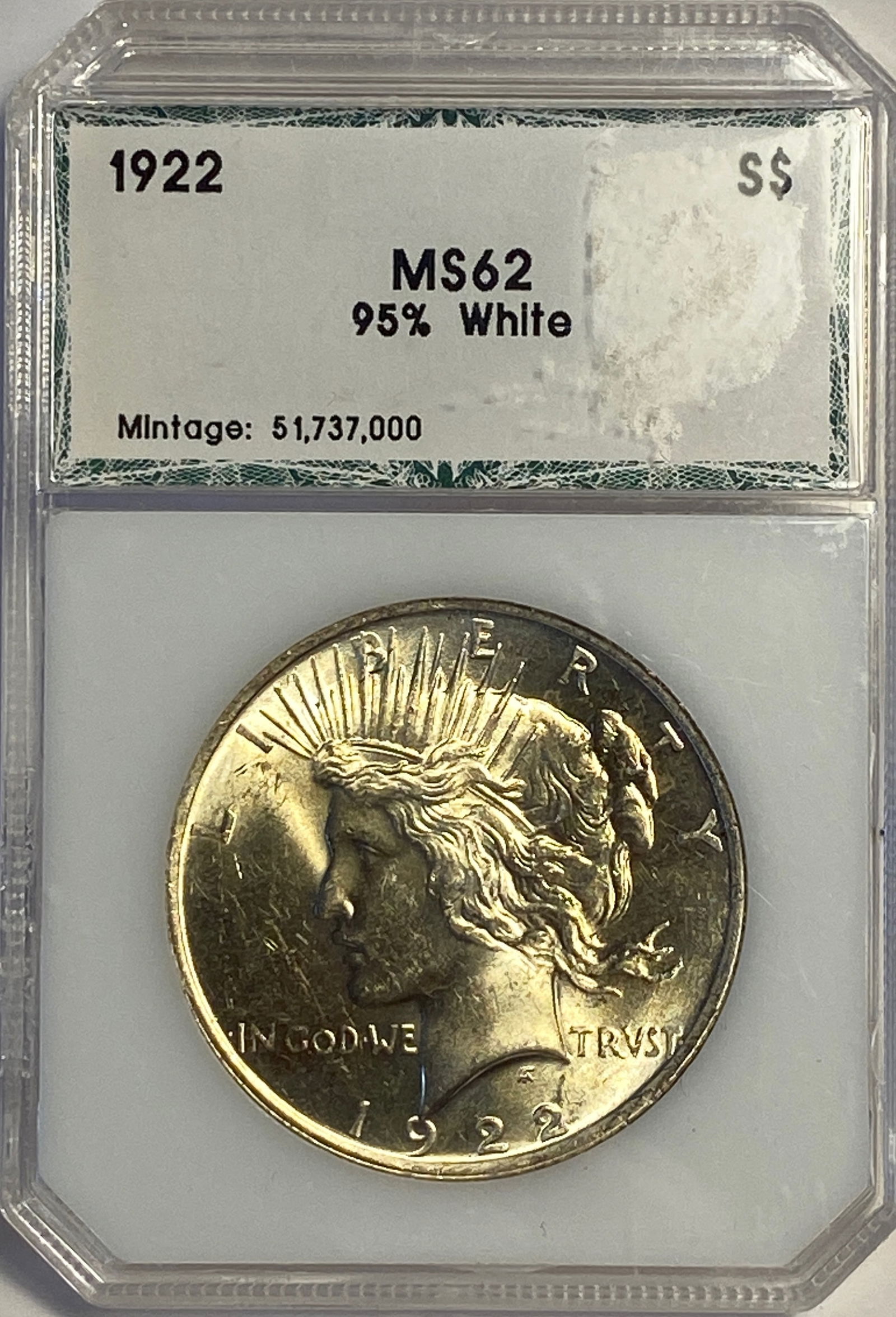 Graded 1922 Peace Silver Dollar - 95% White - MS62 by PCI (1 of 3)