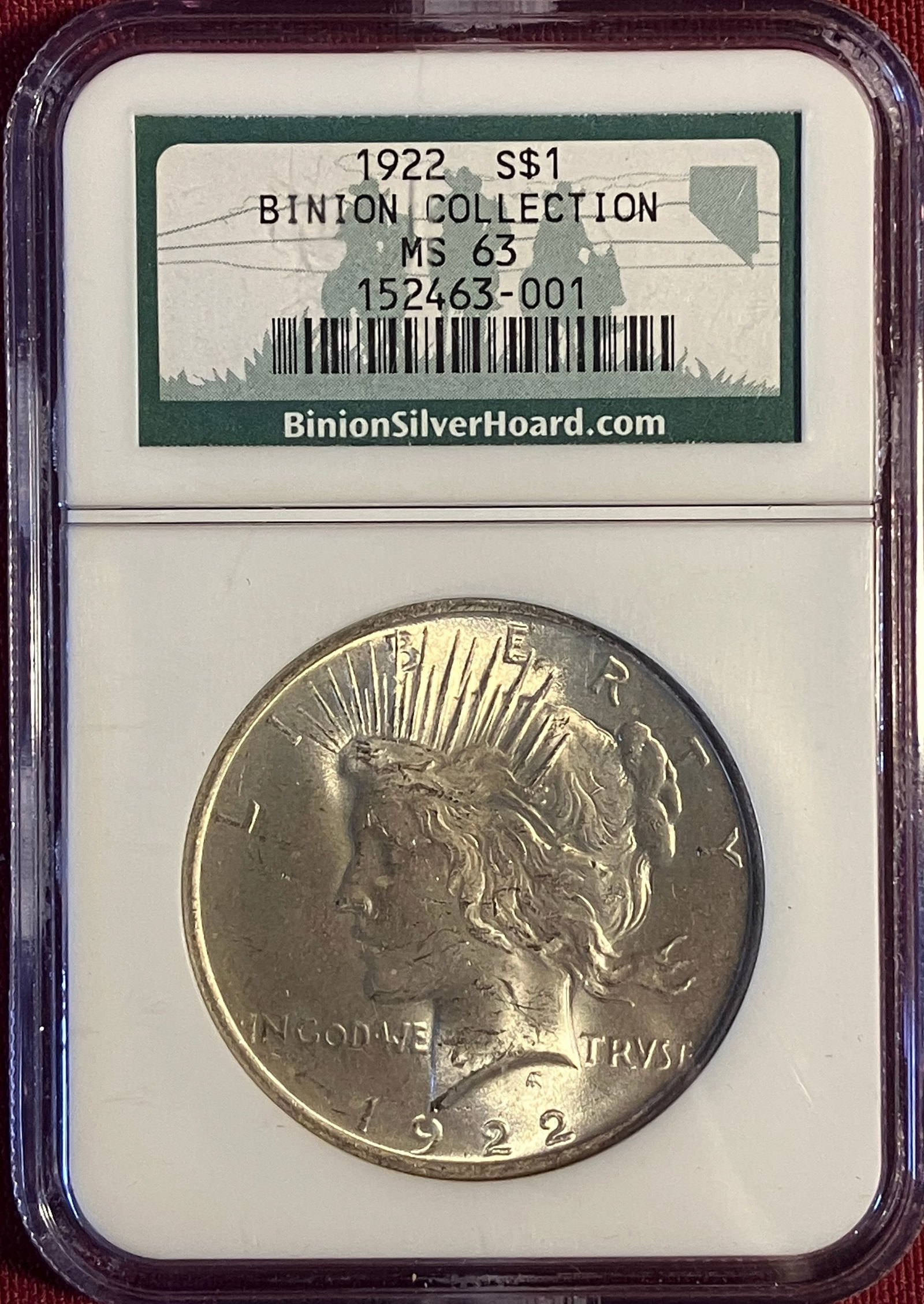 Graded 1922 Peace Silver Dollar - Binion Collection - MS63 by NGC (1 of 3)