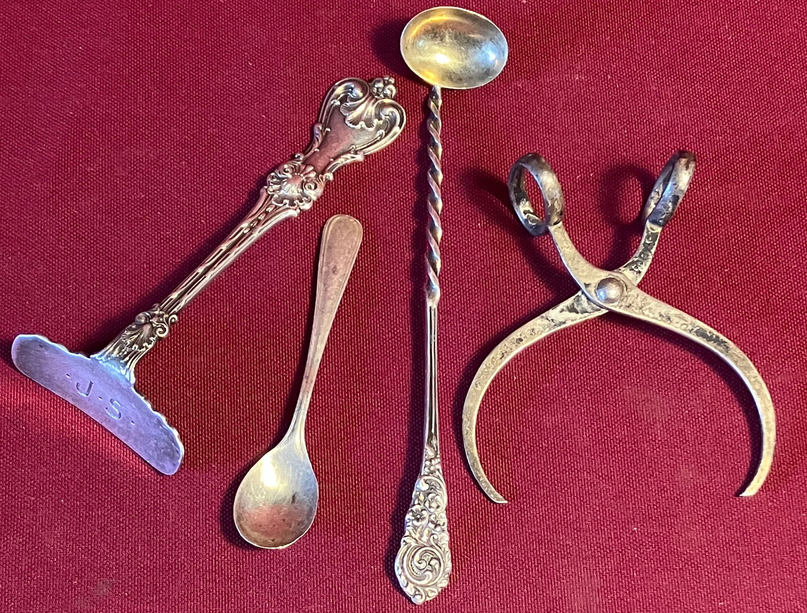 Sterling Silver Serving, Etc Utensils - Whiting Baby Food Pusher, RBL Sugar Nips/Ice Tongs, Campbell (1 of 8)