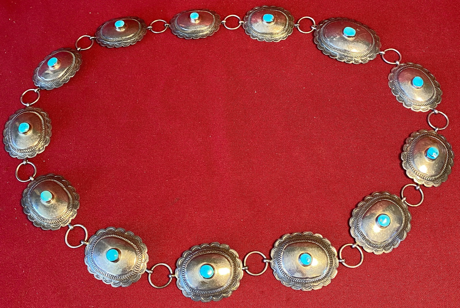 Sterling Silver Marked Southwestern Style Concho Belt - Turquoise - Approx 150 Grams & 34"L: Sterling Silver Marked Southwestern Style Concho Belt with Turquoise Stones - Approx 34" - Approx 150 Grams