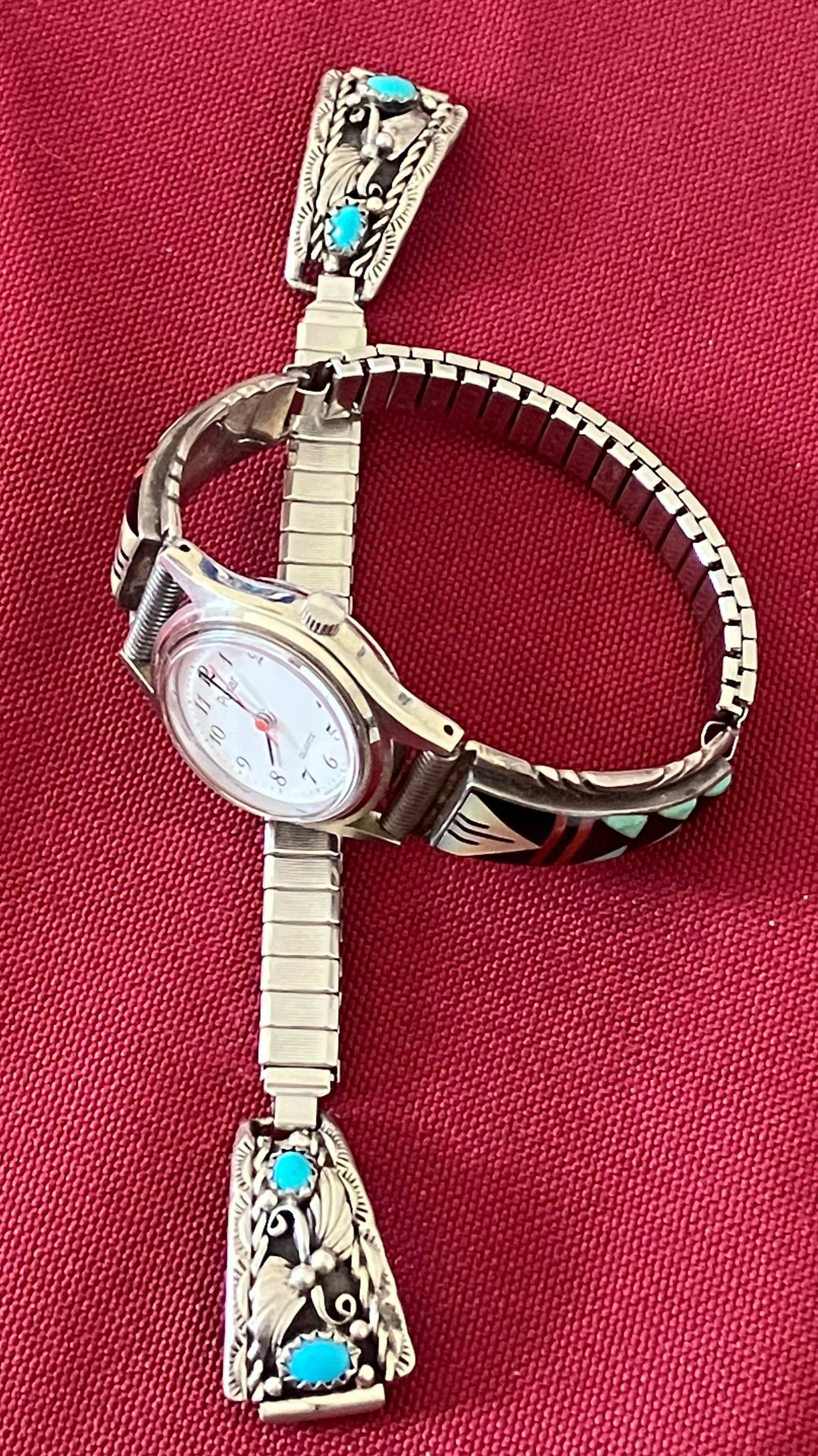 Two Pairs Sterling Silver Native American Made Watch Tips - (1) Multiple Inlay with Hallmark & (1) (1 of 8)