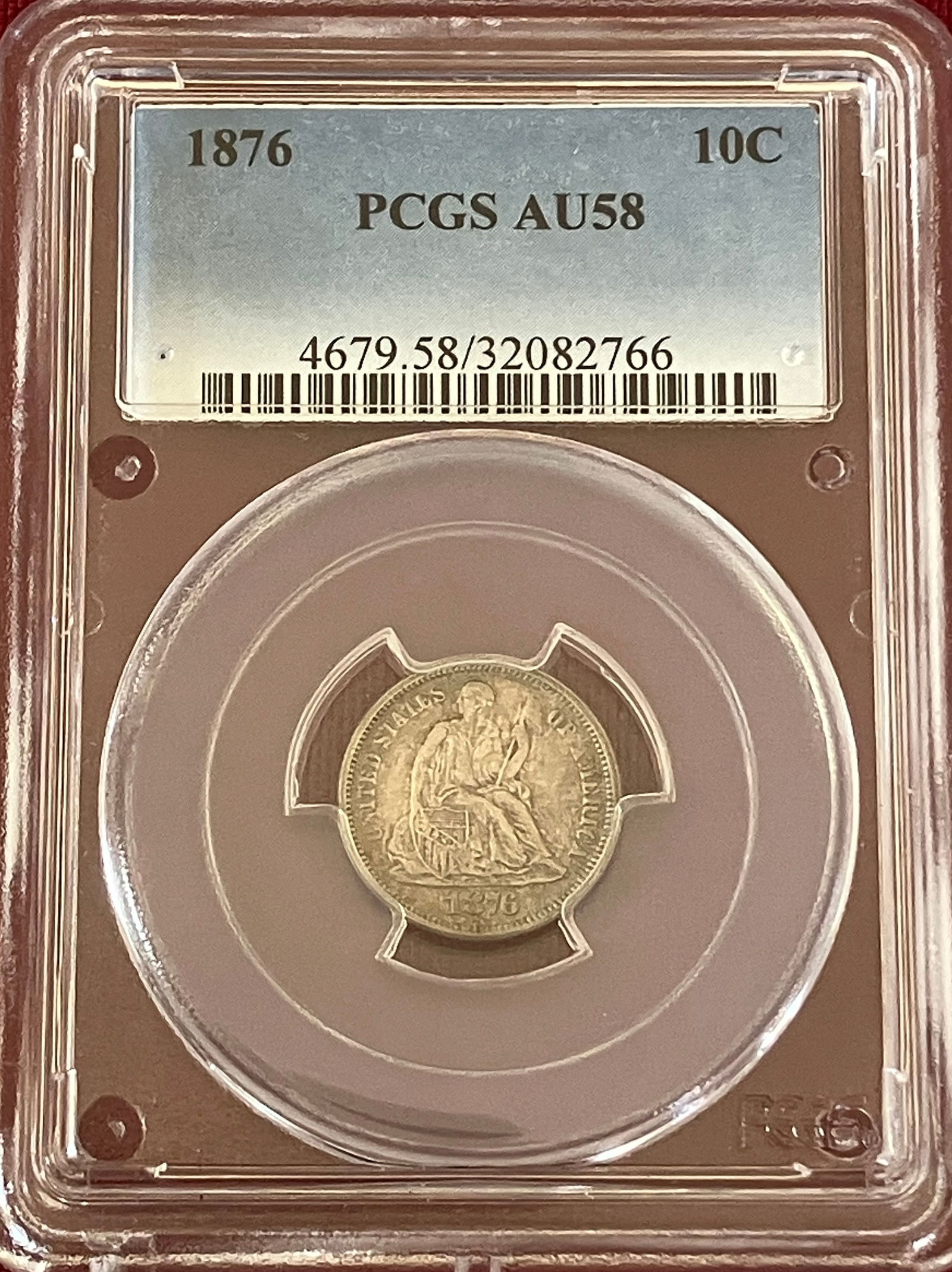 Graded 1876 Seated Liberty Silver Dime - AU58 by PCGS (1 of 3)