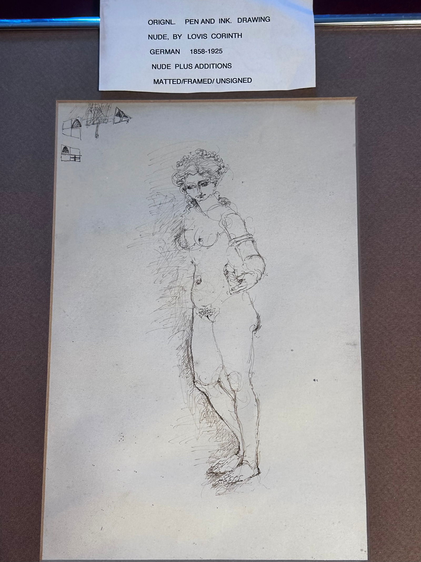 Original Pen and Ink Nude Drawing by Lovis Corinth (1858-1925) - Plus Additions - Unsigned - Glass: Original Pen and Ink Nude Drawing by Lovis Corinth (1858-1925) - Plus Additions - Unsigned - Glass Cracked in Lower Corner