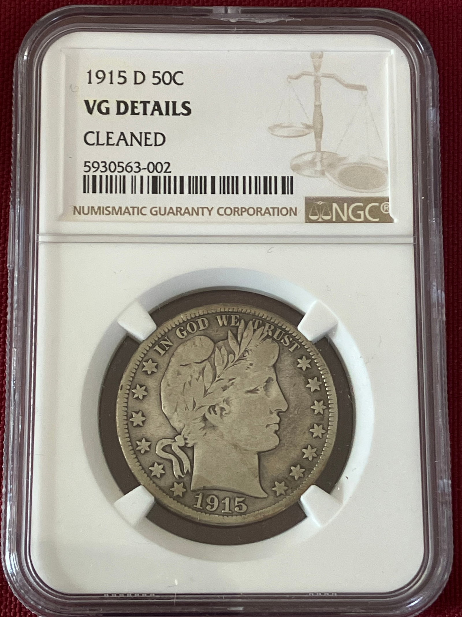 Graded 1915-D Barber Silver Half Dollar - Cleaned - VG Details by NGC (1 of 3)