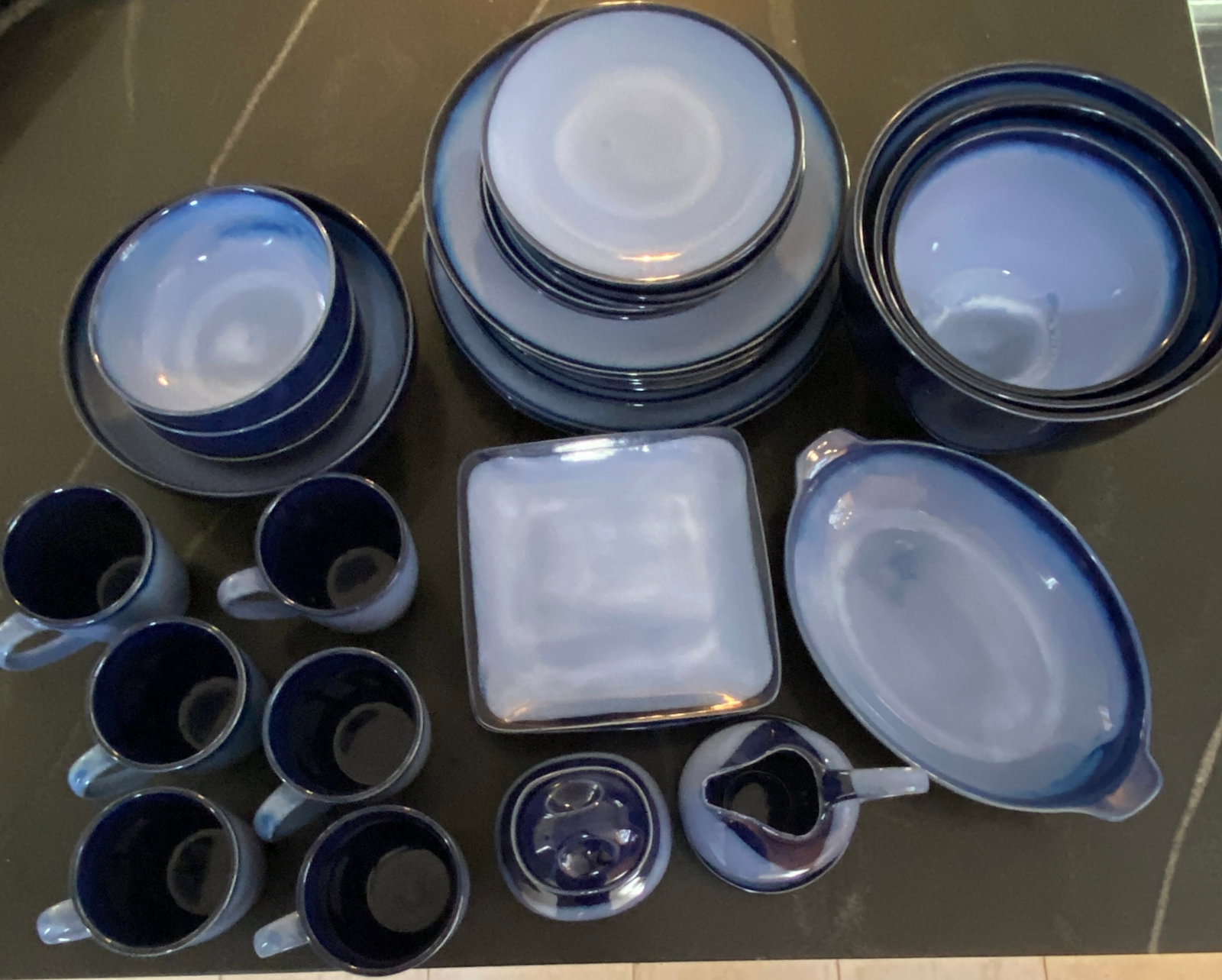 Set of Nova Blue Sango Serveware, Dinnerware, and Mixing Bowls: Set of Nova Blue Sango Serveware, Dinnerware, and Mixing Bowls