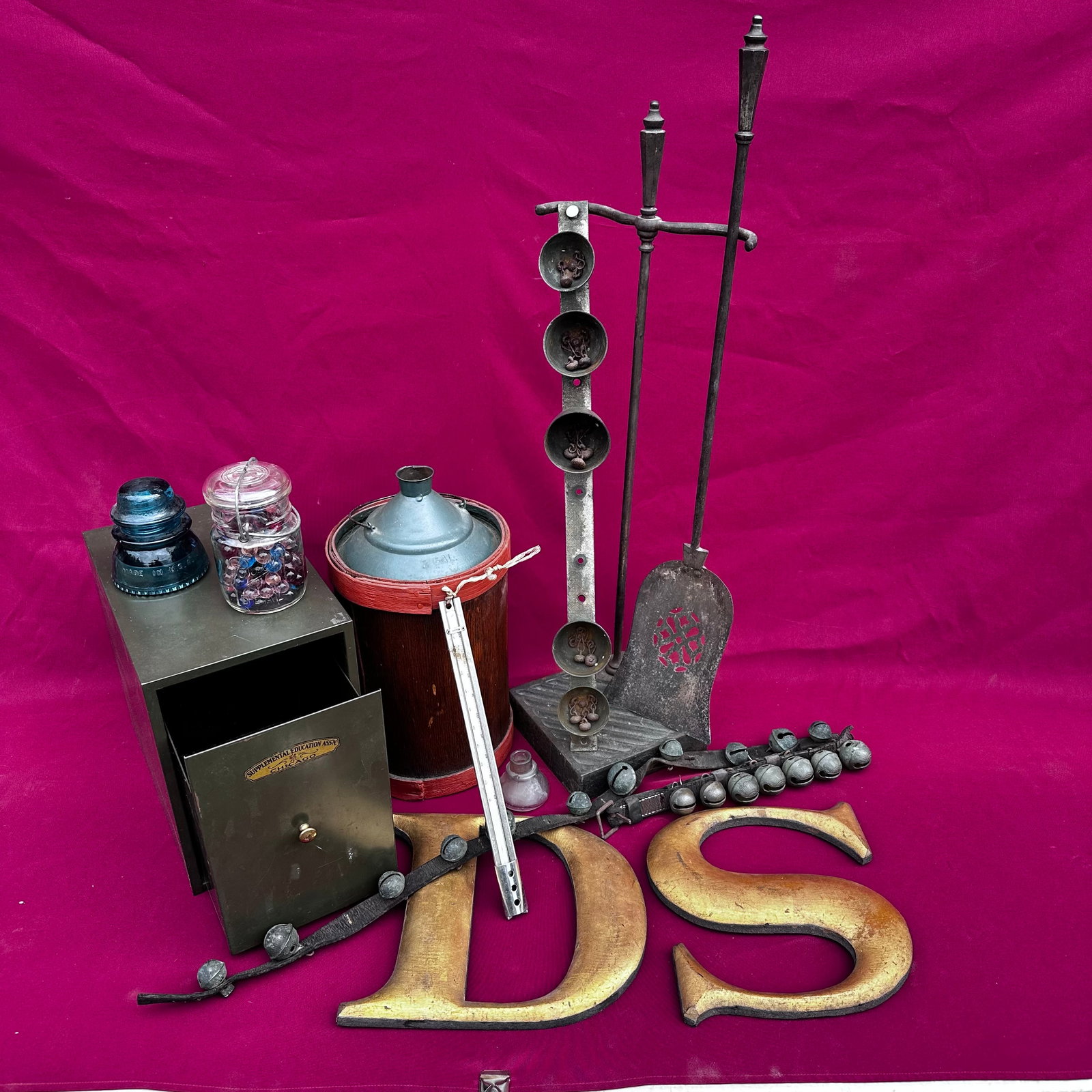 Old Bell, Gold Colored Letters, Insulator, Metal Storage Box, Etc.: Old Bell, Gold Colored Letters, Insulator, Metal Storage Box, Etc.