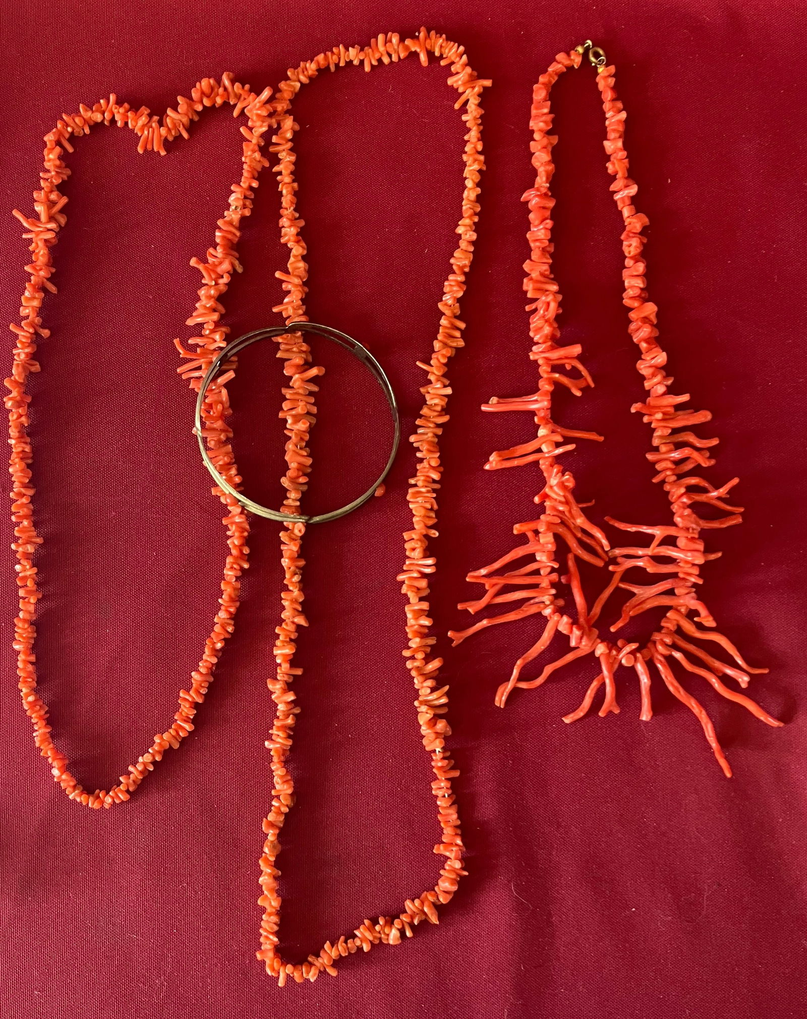 Three Coral Bead Necklaces and (1) Metal Bracelet with Coral(?) Stone (1 of 5)