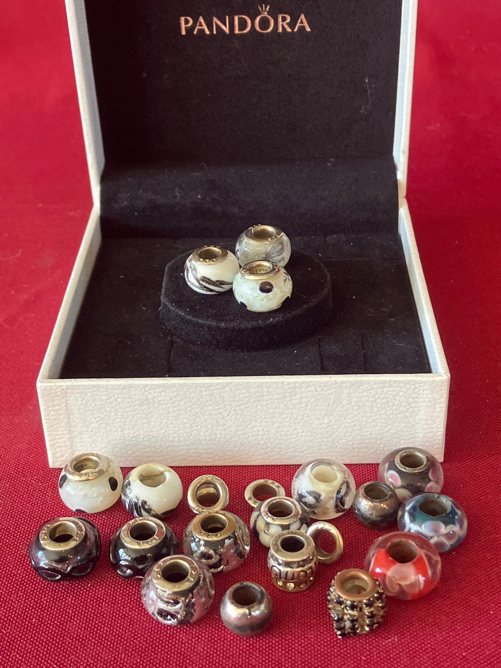 Various Bracelet Beads in Pandora Box - Some Marked 925, Some with Damage, Etc.: Various Bracelet Beads in Pandora Box - Some Marked 925, Some with Damage, Etc.