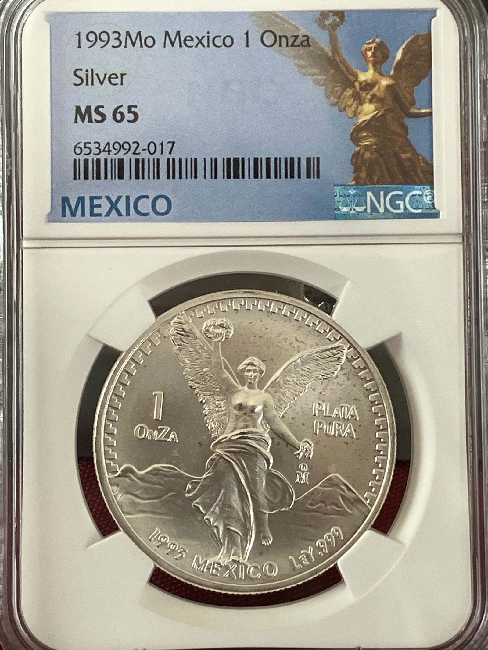 Graded 1993-Mo Mexico One Ounce .999 Fine Silver Coin - MS65 by NGC (1 of 3)