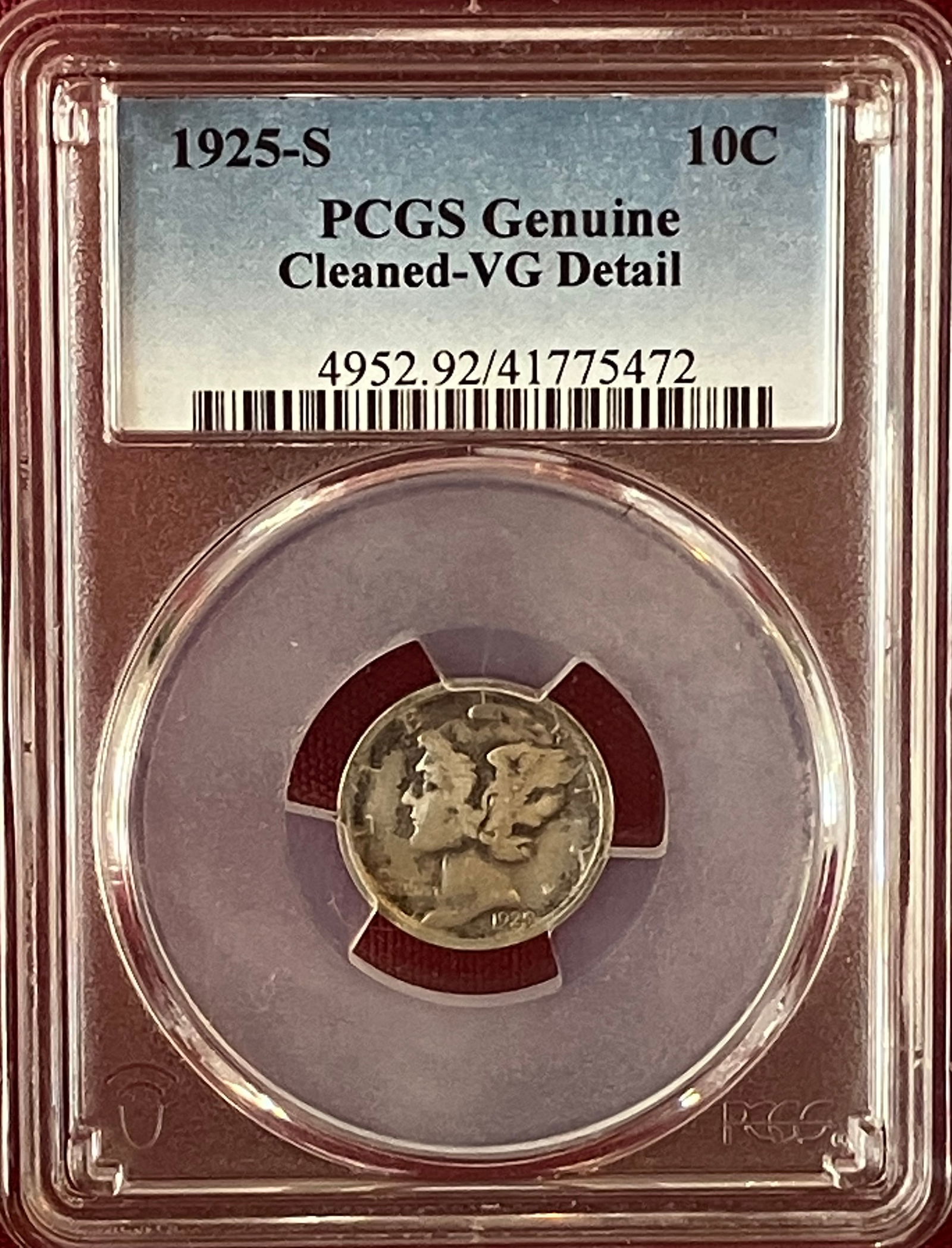 Graded 1925-S Mercury Silver Dime - Genuine - Cleaned - VG Details by PCGS (1 of 3)