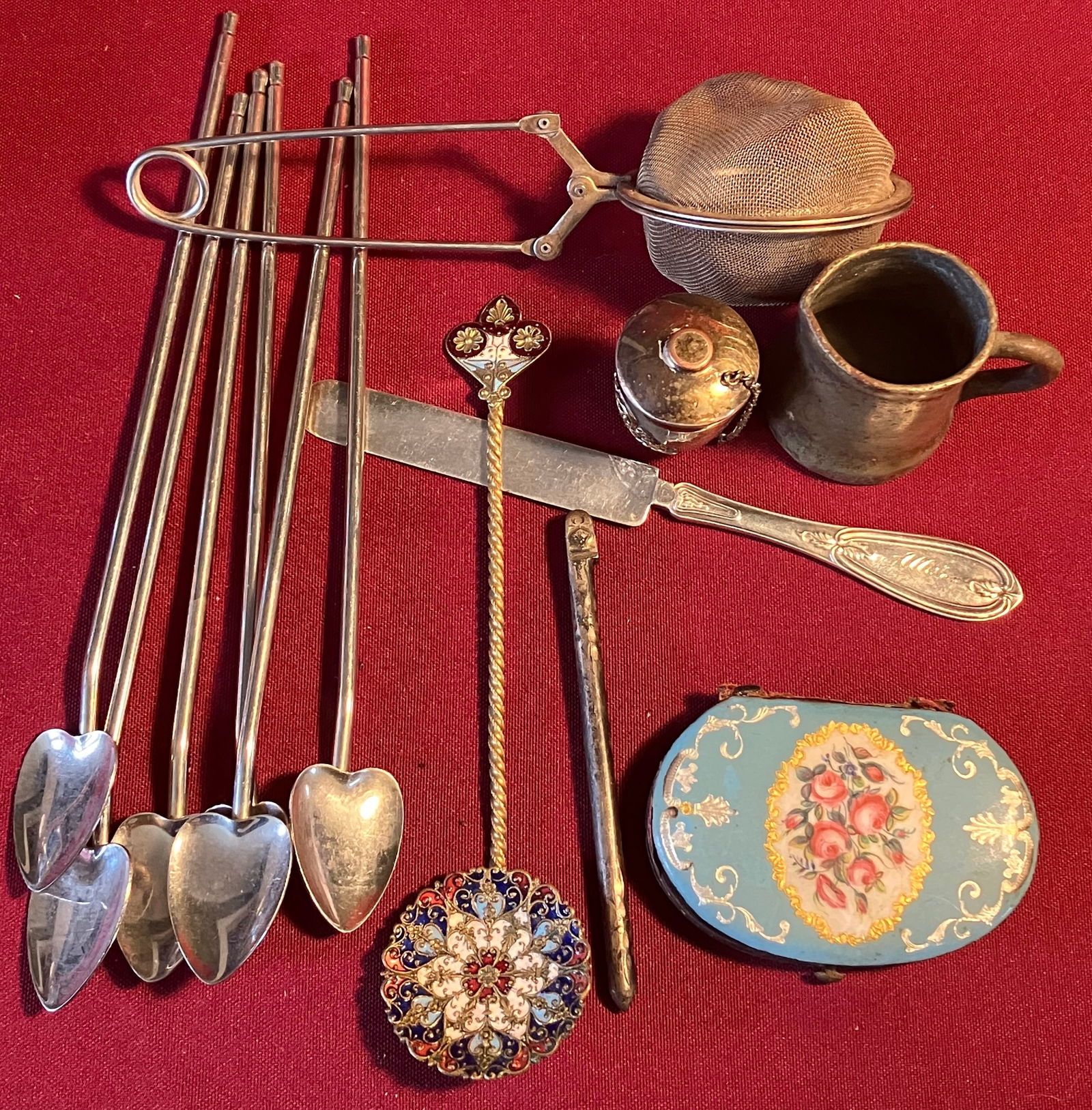 Assorted Small Items - Champleve Spoon, Antique Enamel(?) Purse (Damaged), Mini Brass Pitcher, Etc. (1 of 9)