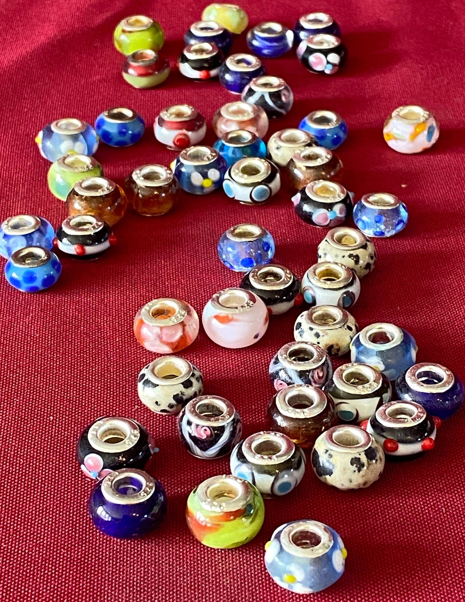 Fifty Lampwork Style Glass Beads for Bracelets - Marked 925: Fifty Lampwork Style Glass Beads for Bracelets - Marked 925