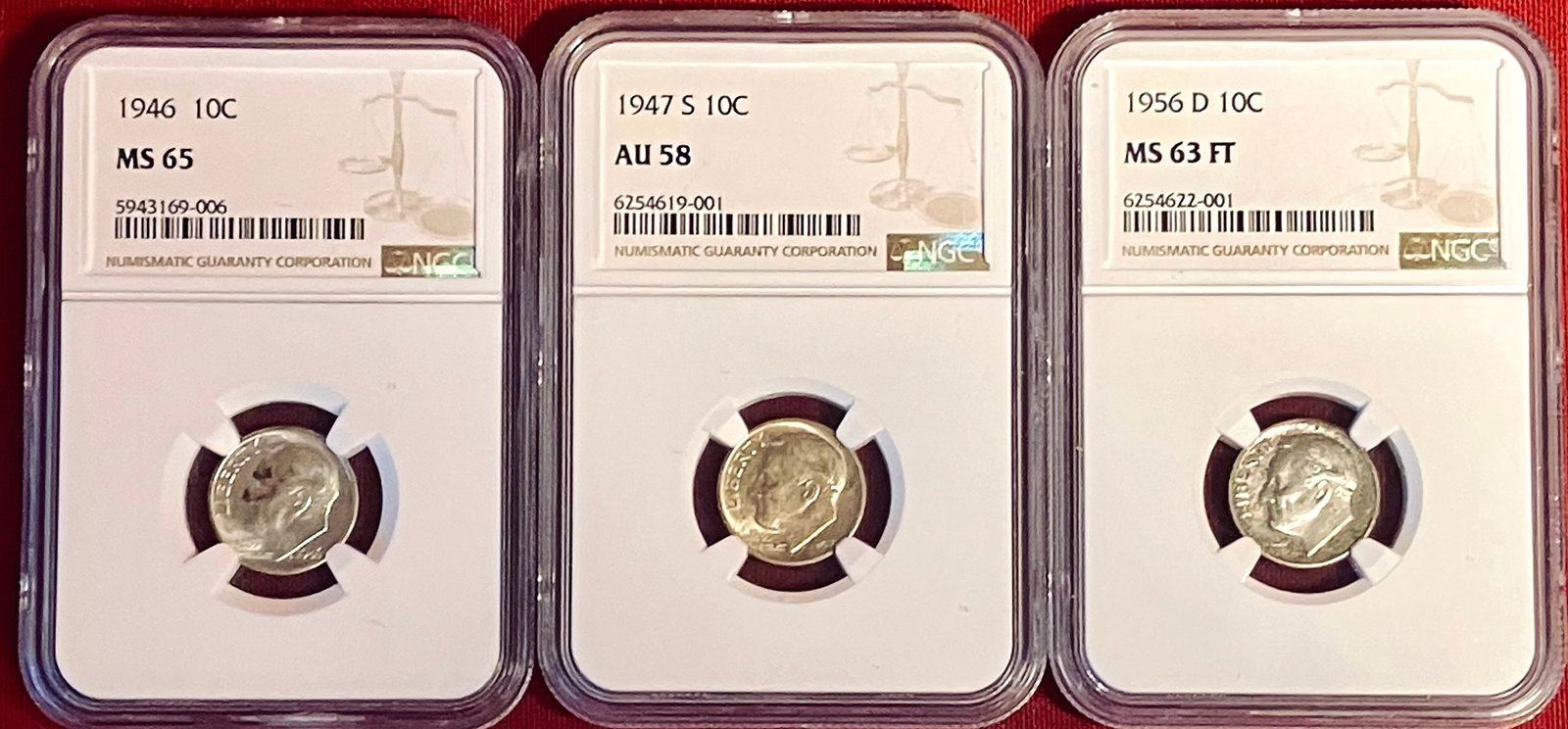 Three NGC Graded Roosevelt Dimes - 1946 (MS65), 1947-S (AU58), 1956-D (MS63 FT) (1 of 4)