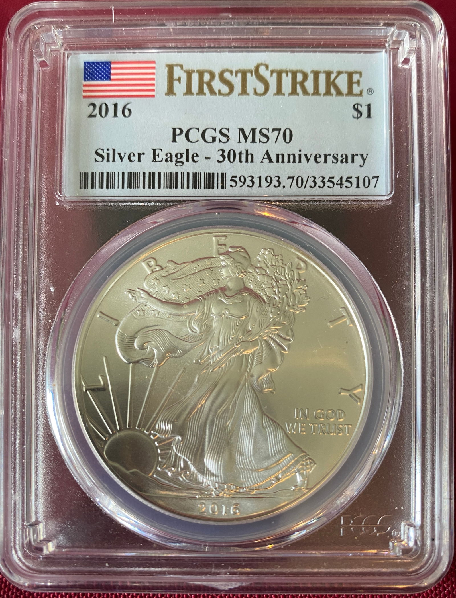 Graded 2016 One Ounce .999 Fine Silver Eagle - 30th Anniversary - MS70 by PCGS (1 of 3)