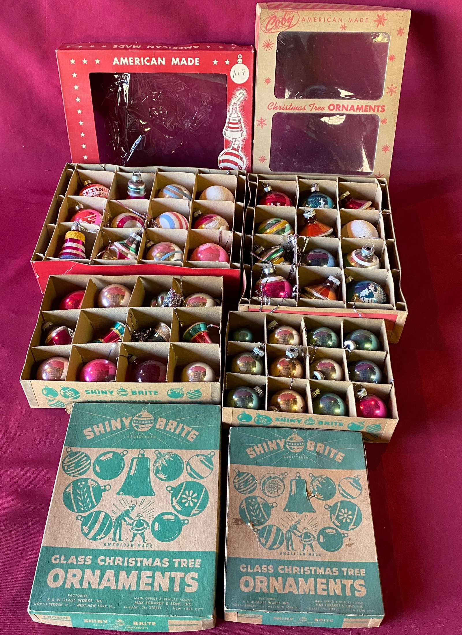 Four Boxes of Older Glass Christmas Ornaments - Shiny Brite. Colby, Etc.: Four Boxes of Older Glass Christmas Ornaments - Shiny Brite. Colby, Etc.