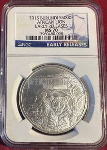 2015 Burundi African Lion One Ounce .999 Fine Silver 5000 Francs Coin - Early Releases - MS70 by NGC: 2015 Burundi African Lion One Ounce .999 Fine Silver 5000 Francs Coin - Early Releases - MS70 by NGC