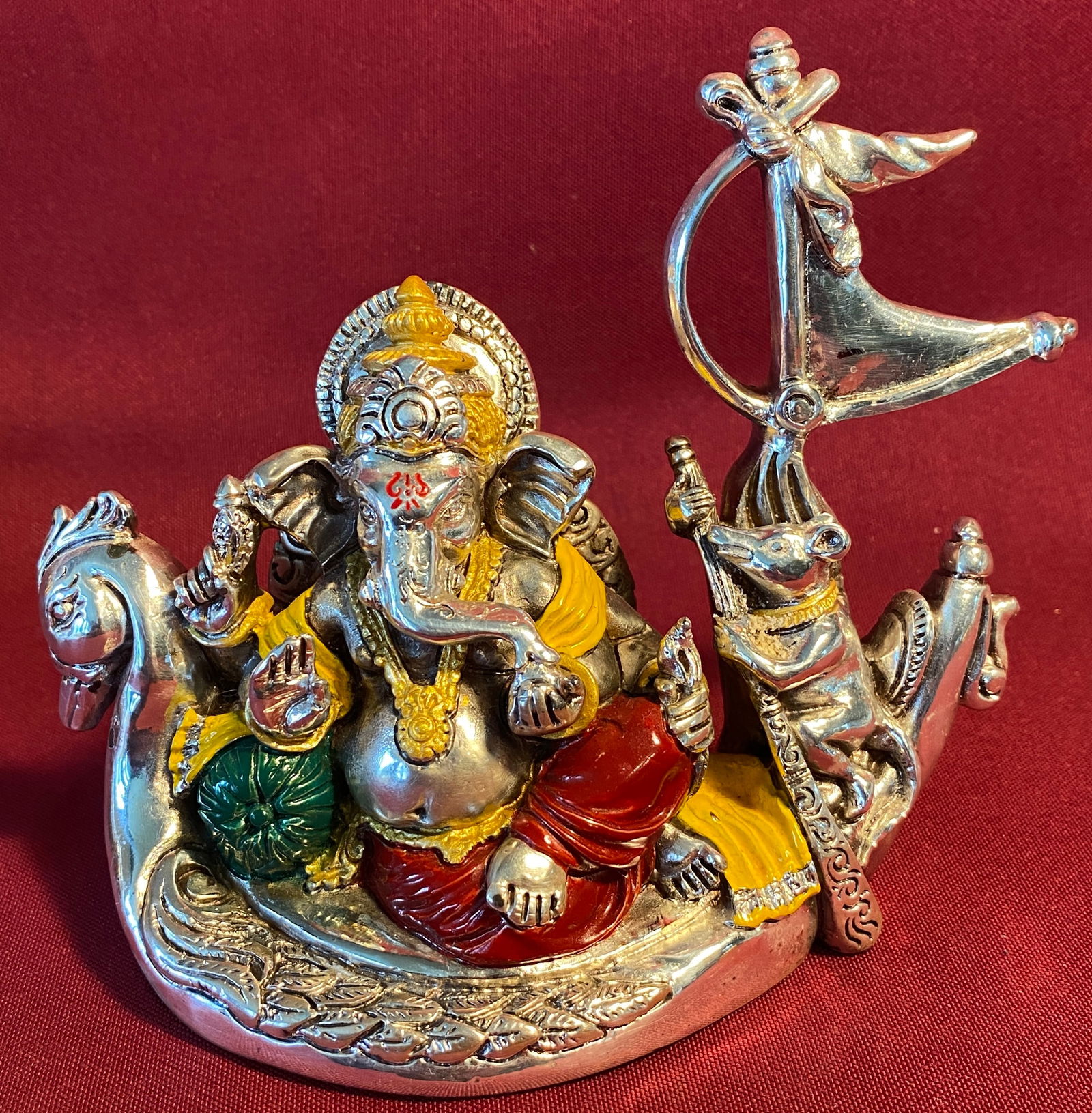 Ganesh on Boat Figure - Om Sai Marble - Marked 999 Silver (Silver-Plated): Ganesh on Boat Figure - Om Sai Marble - Marked 999 Silver (Silver-Plated)