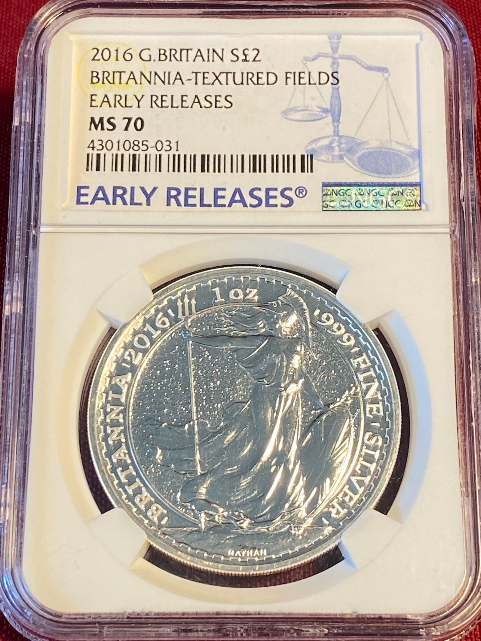 Graded 2016 Great Britian One Ounce .999 Fine Silver 2 Pound Coin - Britannia-Textured Fields - (1 of 3)