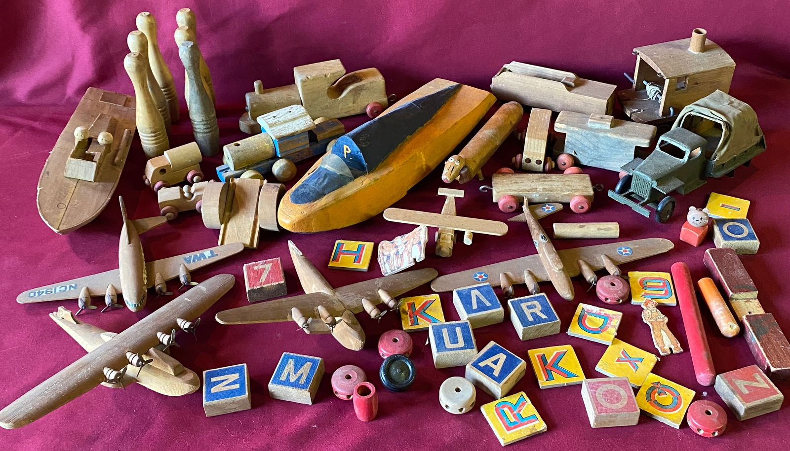 Older Wooden Toys, Boats, Planes, Blocks, Train, Etc. (1 of 7)