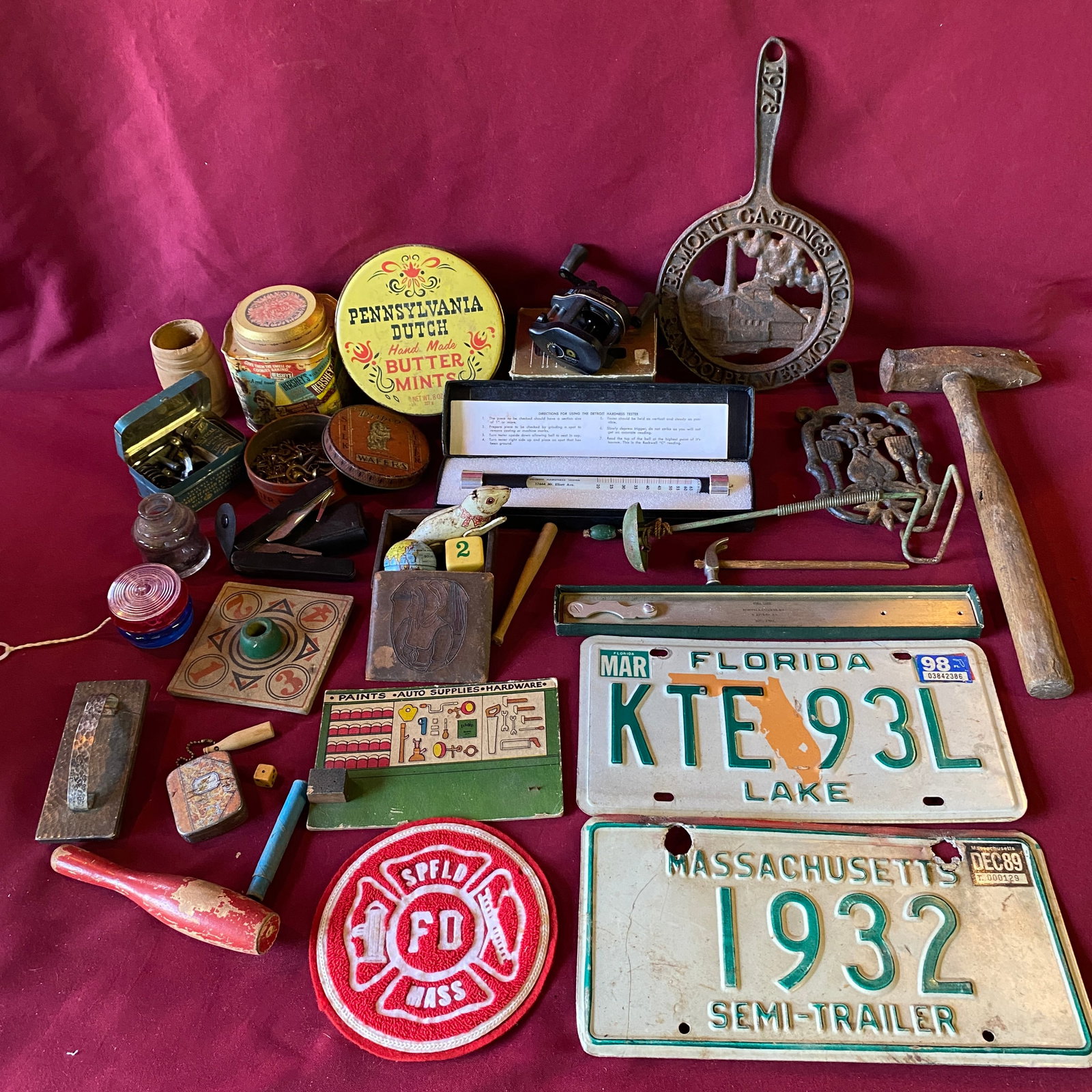 Number Plates, Tins, Trivet, Tools, Fishing Reel, Fire Patch, Etc.: Number Plates, Tins, Trivet, Tools, Fishing Reel, Fire Patch, Etc.