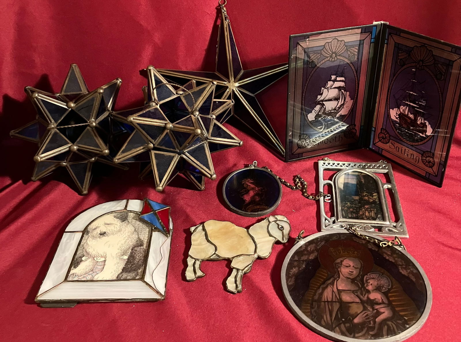 Assorted Glass Decorative Items - Tealight Hanging Stars, Suncatchers, Colored Glass Scenes, Blue (1 of 7)