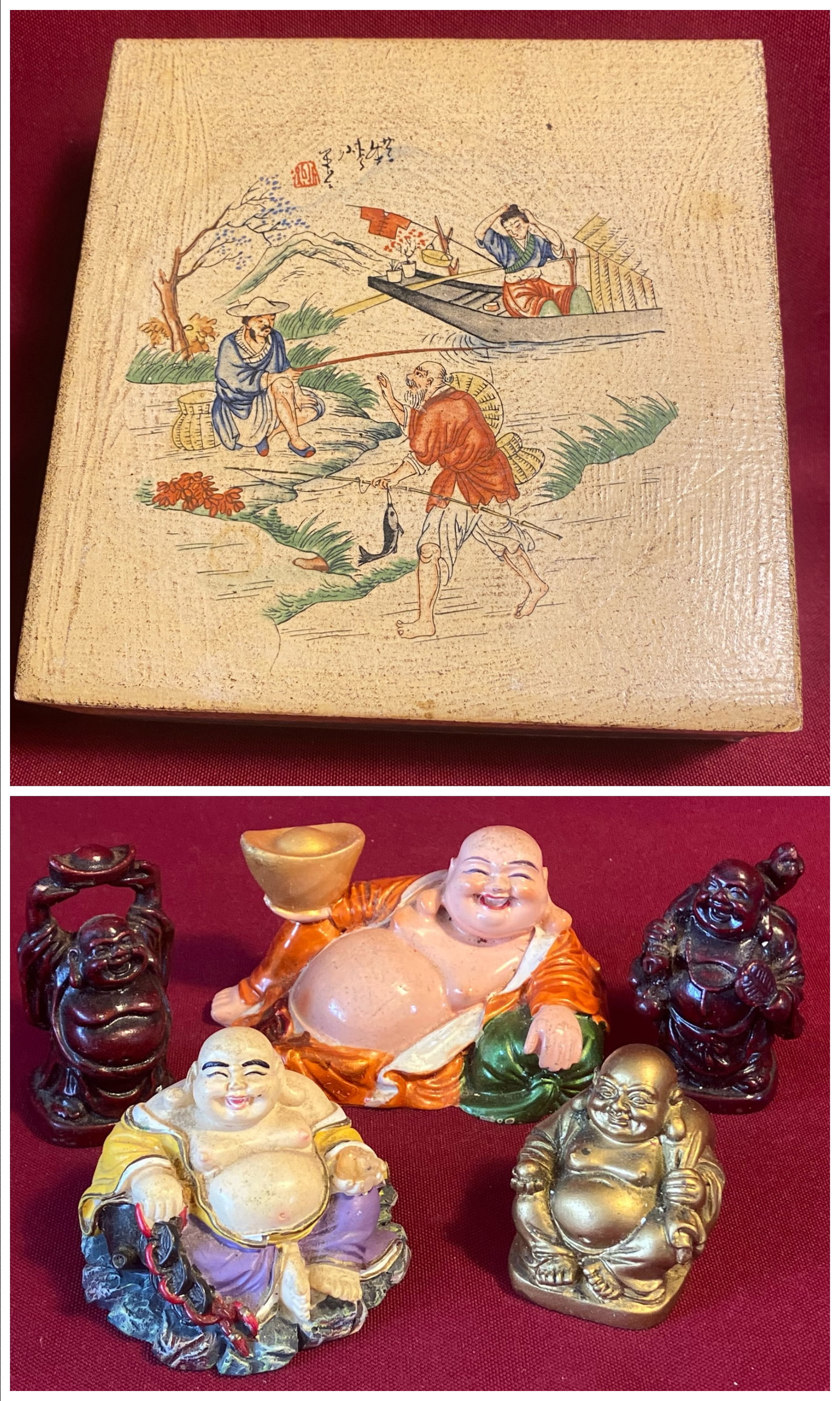 Old Asian Scene Box & Small Buddha Figures - Box (Florentia - Made in Italy - Approx 5"x5"x2"): Old Asian Scene Box & Small Buddha Figures - Box (Florentia - Made in Italy - Approx 5"x5"x2")