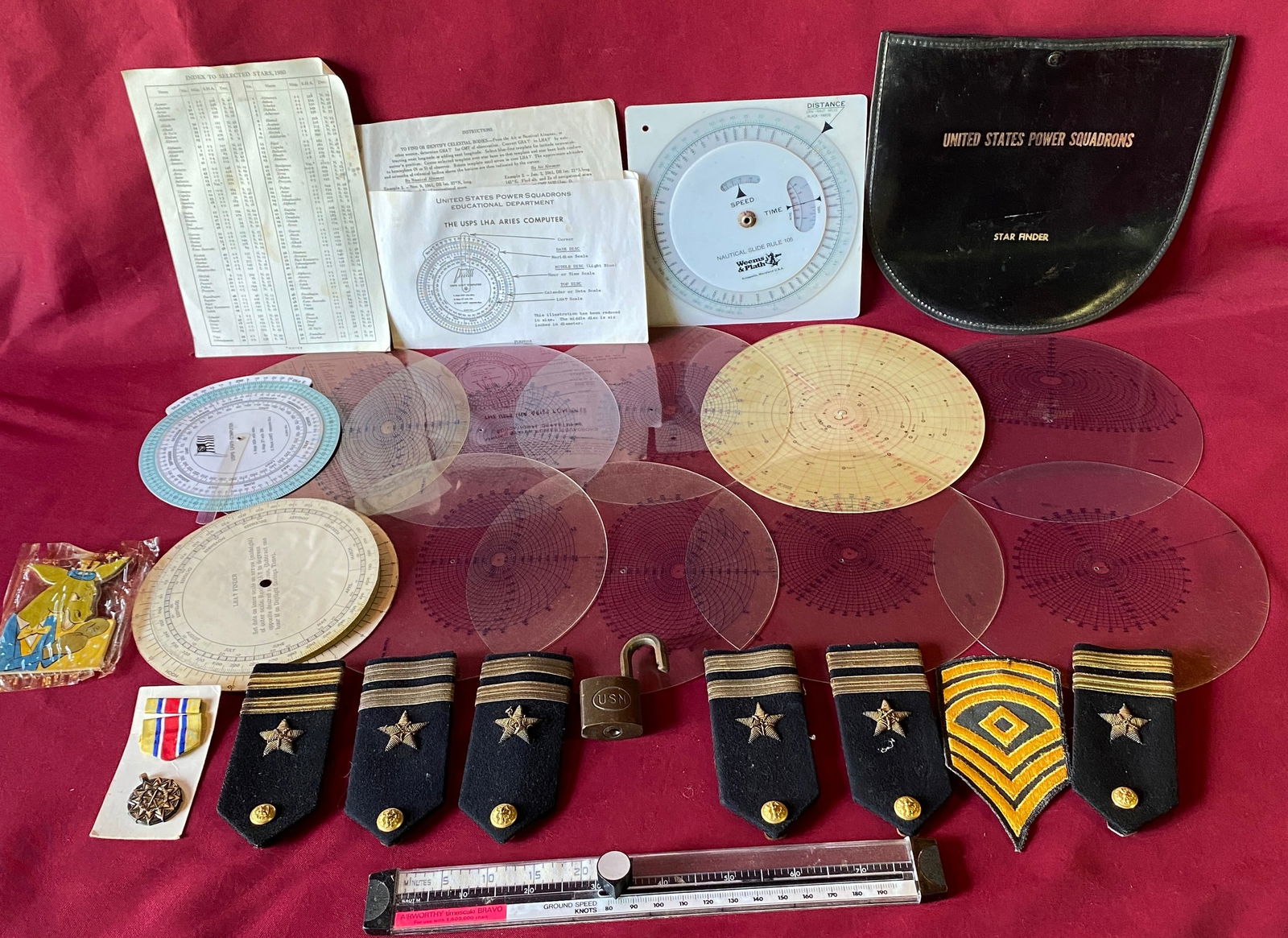 Military and Other Items - Shoulder Bars, Patches, Padlock, Star Finder Gauges, Etc. (1 of 7)