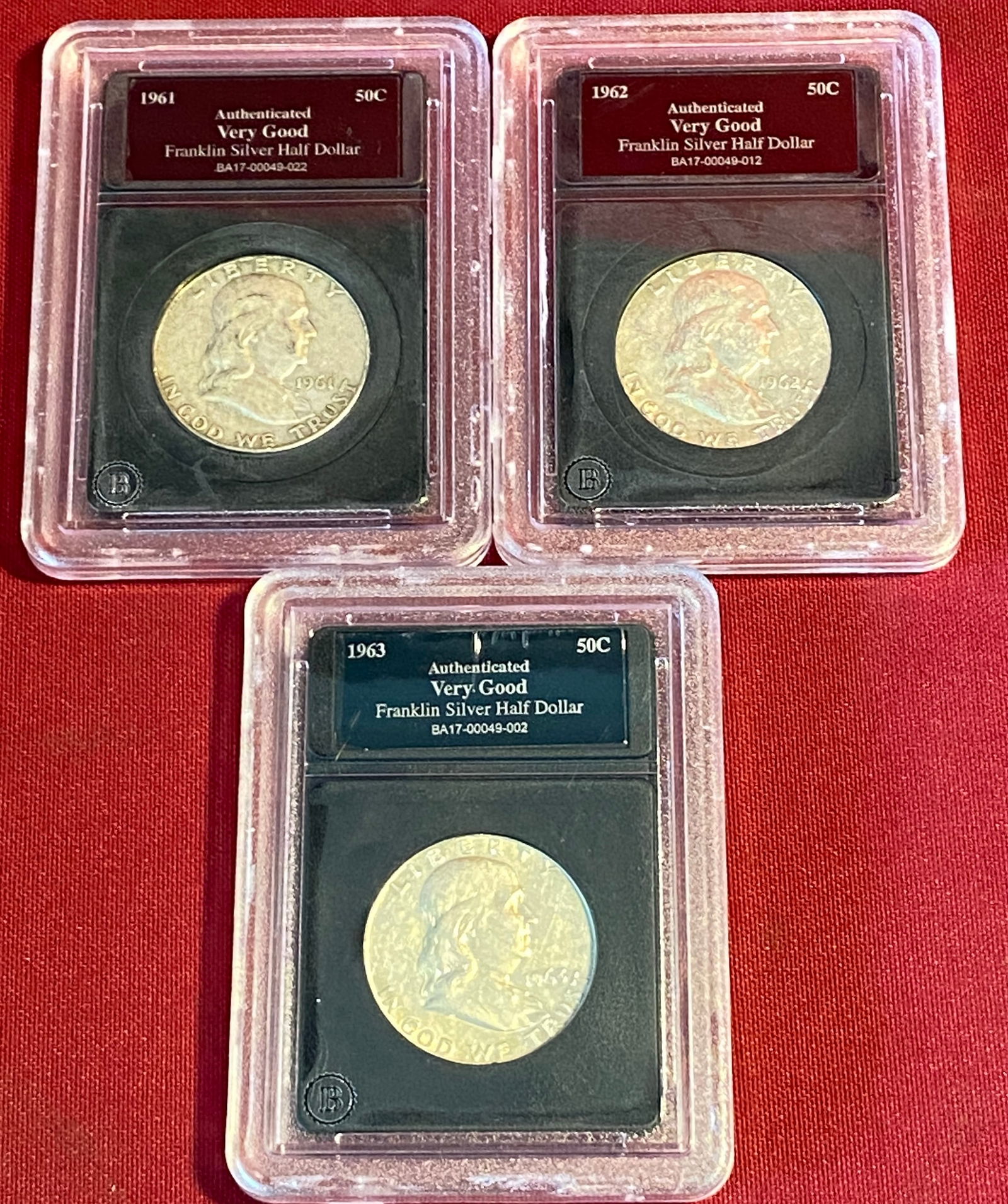 Three Graded/Cased Franklin Silver Half Dollars - 1961, 1962, 1963 (1 of 6)