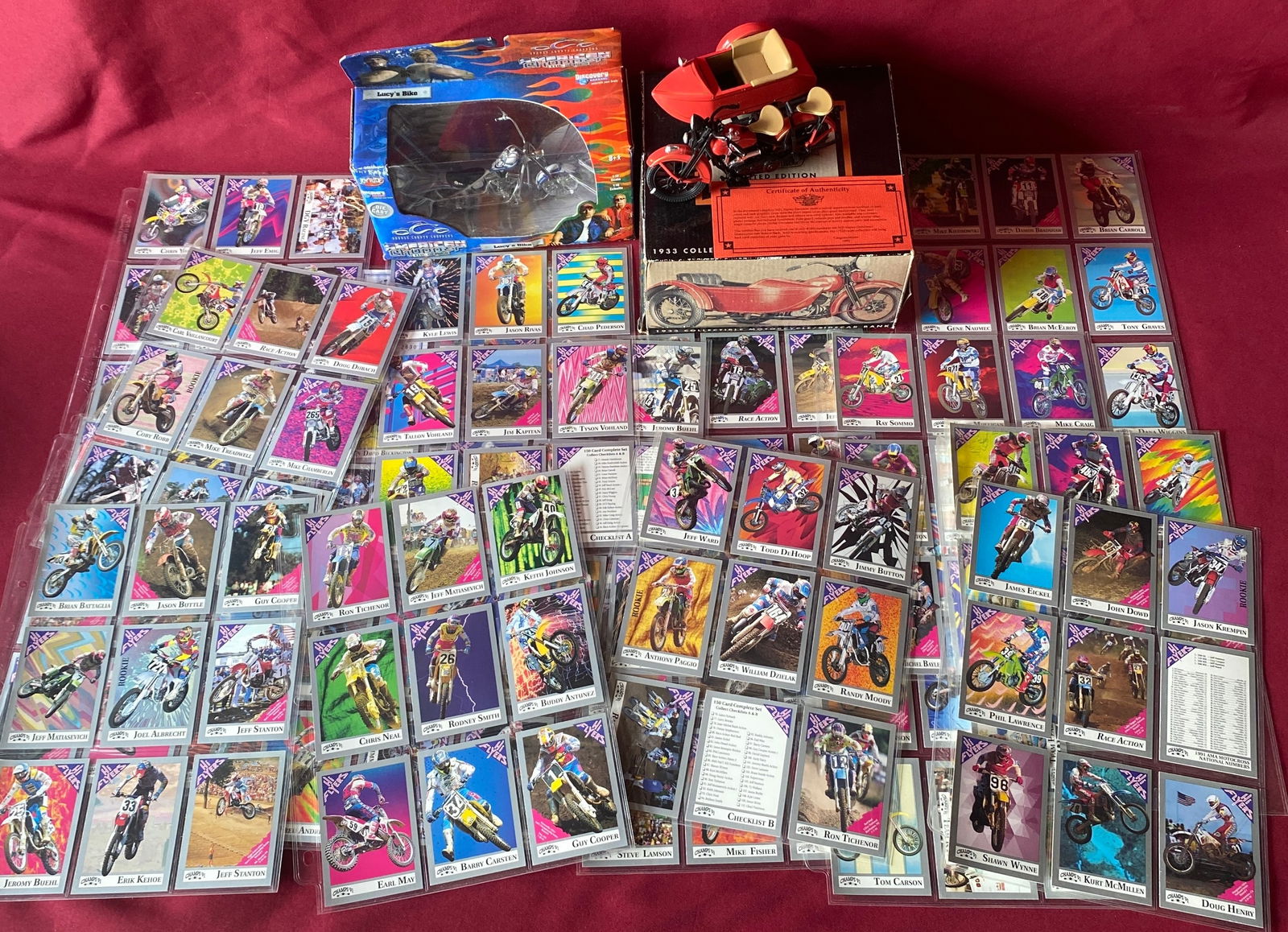 Motorcycle Harley Davidson Bank, Orange County American Chopper Toy, and Motocross Collectible Cards (1 of 6)