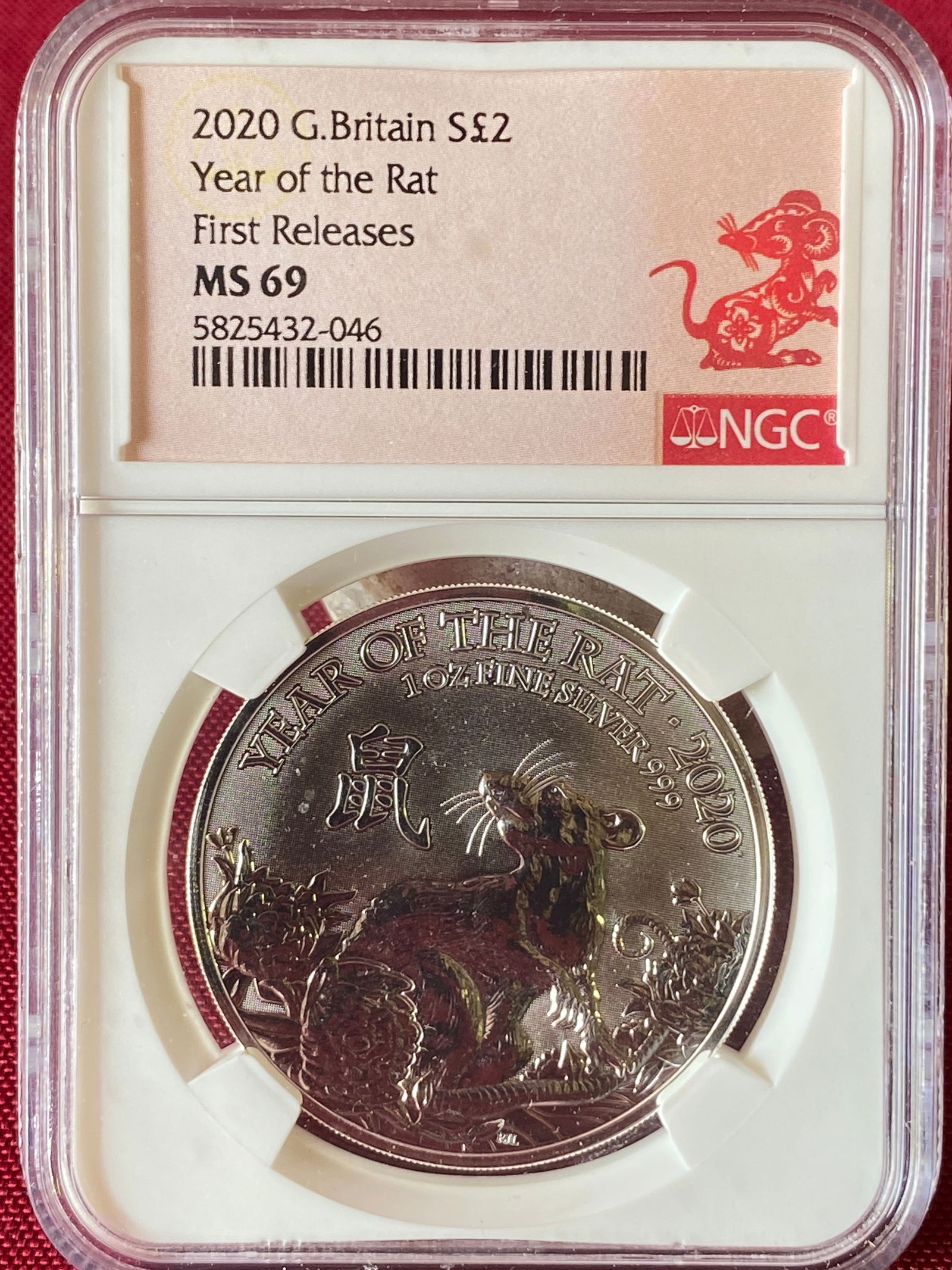 Graded 2020 Great Britain One Ounce .999 Fine Silver 2 Pound Coin - Year of the Rat - MS69 by NGC: Graded 2020 Great Britain One Ounce .999 Fine Silver 2 Pound Coin - Year of the Rat - MS69 by NGC
