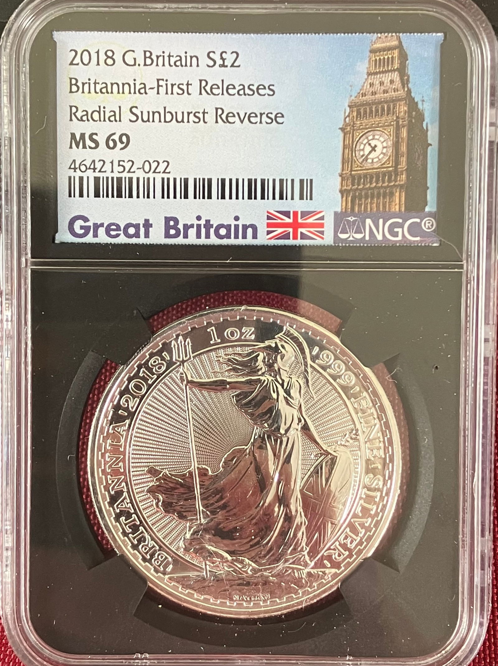 Graded 2018 Great Britain One Ounce .999 Fine Silver 2 Pound Britannia - Radial Sunburst Reverse -: Graded 2018 Great Britain One Ounce .999 Fine Silver 2 Pound Britannia - Radial Sunburst Reverse - First Releases - MS69 by NGC