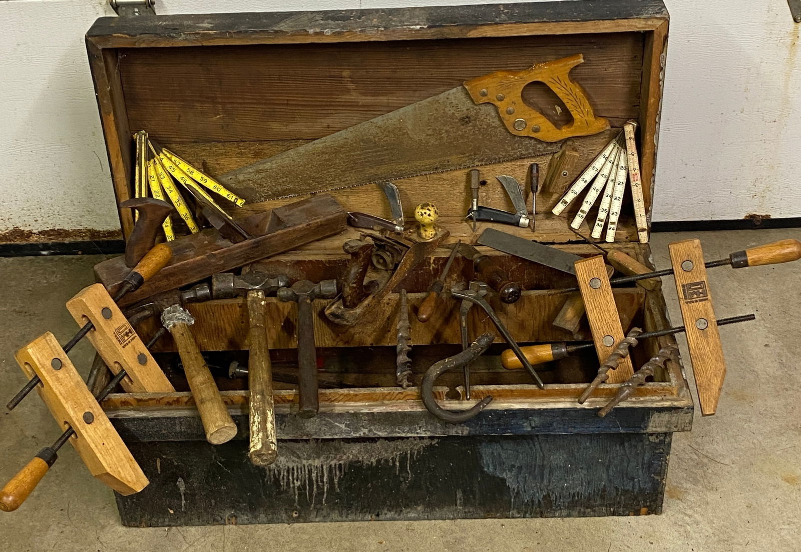 Older Wooden Tool Trunk - Planes (Including Stanley No. 5 1/4), Square, Drill Bits, Hammers, Clamps, (1 of 8)