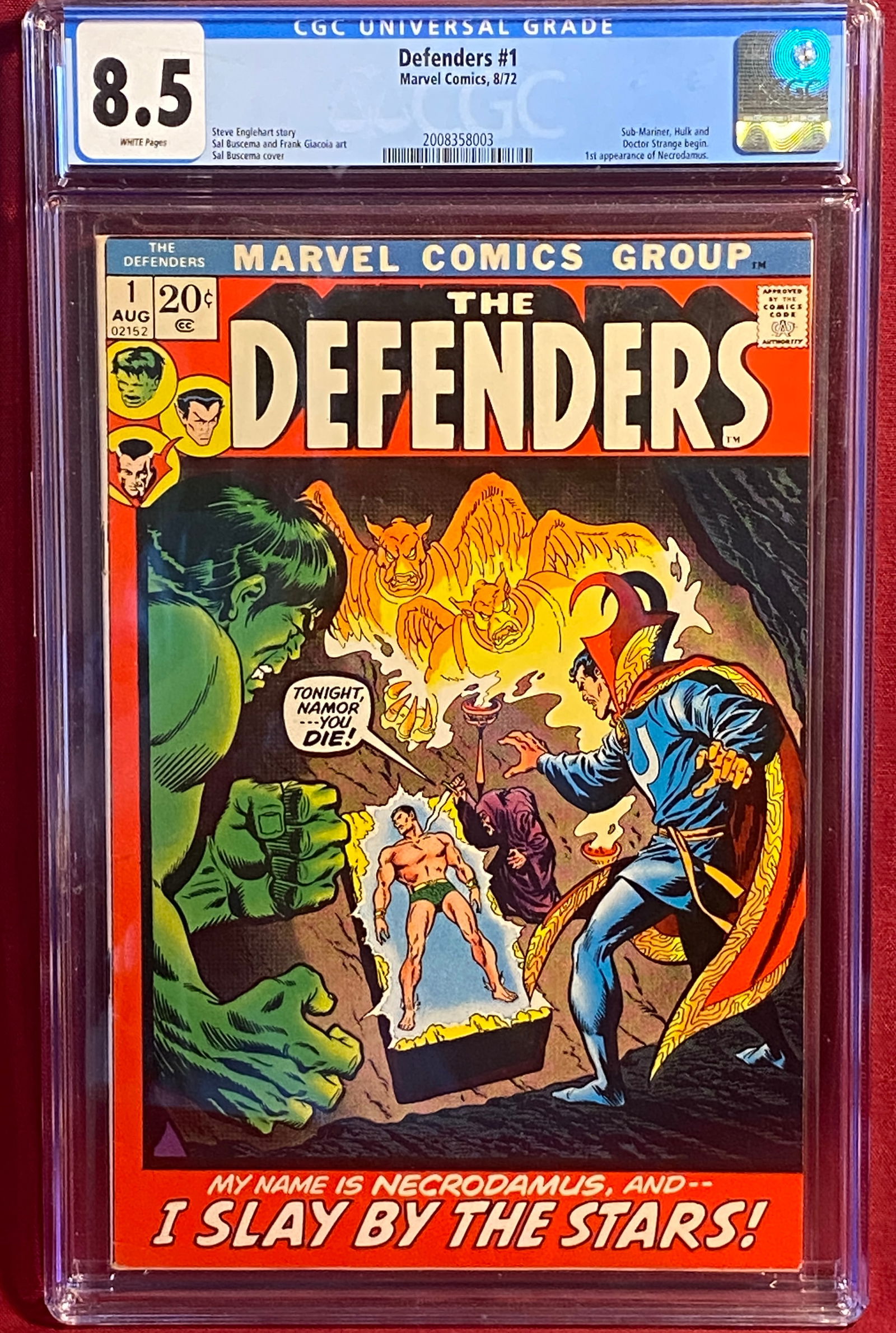 Graded The Defenders #1 Silver Age Comic Book - First Appearance of Necrodamus - Marvel Comics 8/72 (1 of 3)