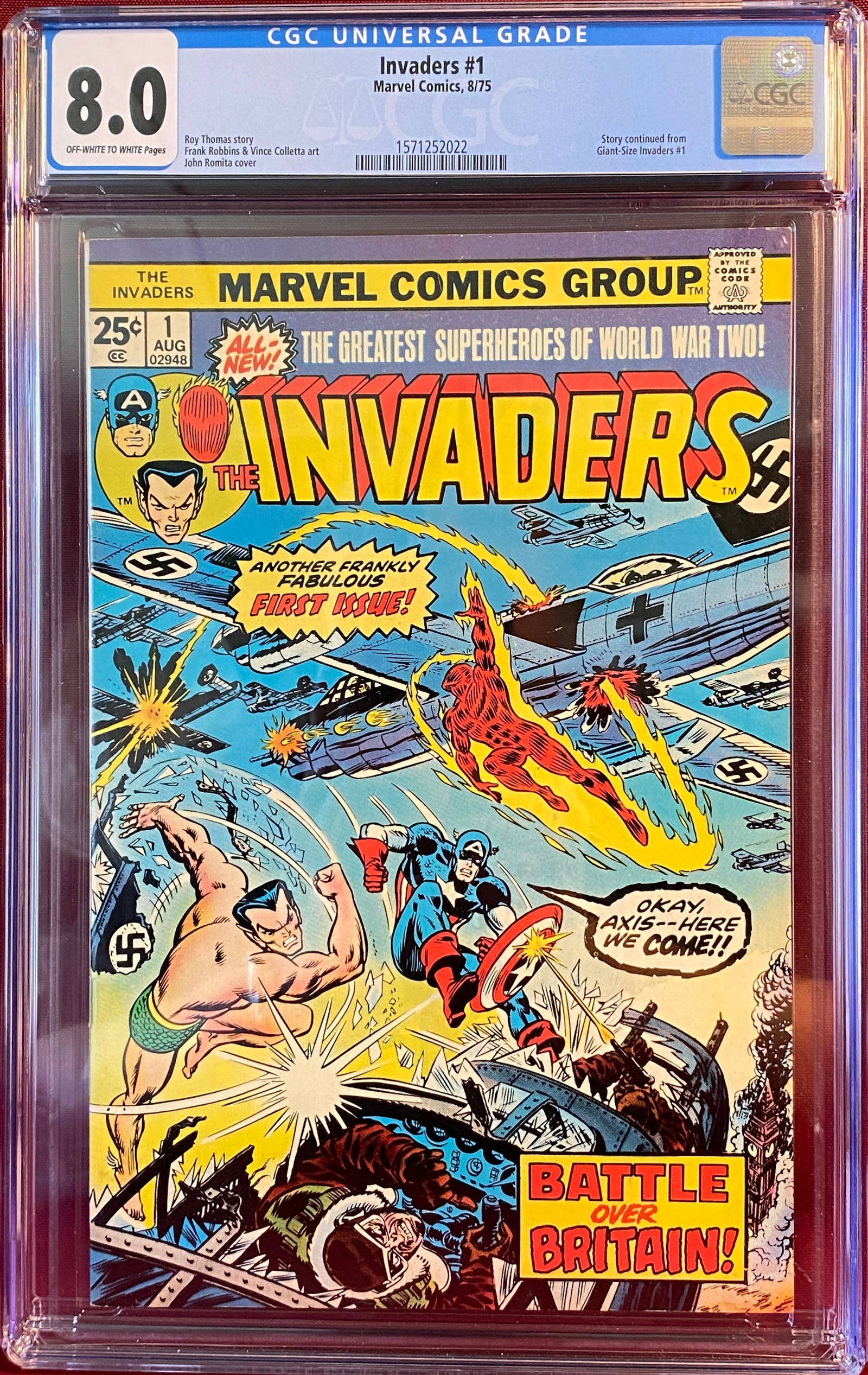 Graded The Invaders #1 Bronze Age Comic Book - Battle Over Britian - Marvel Comic 8/75 - 8.0 (1 of 3)