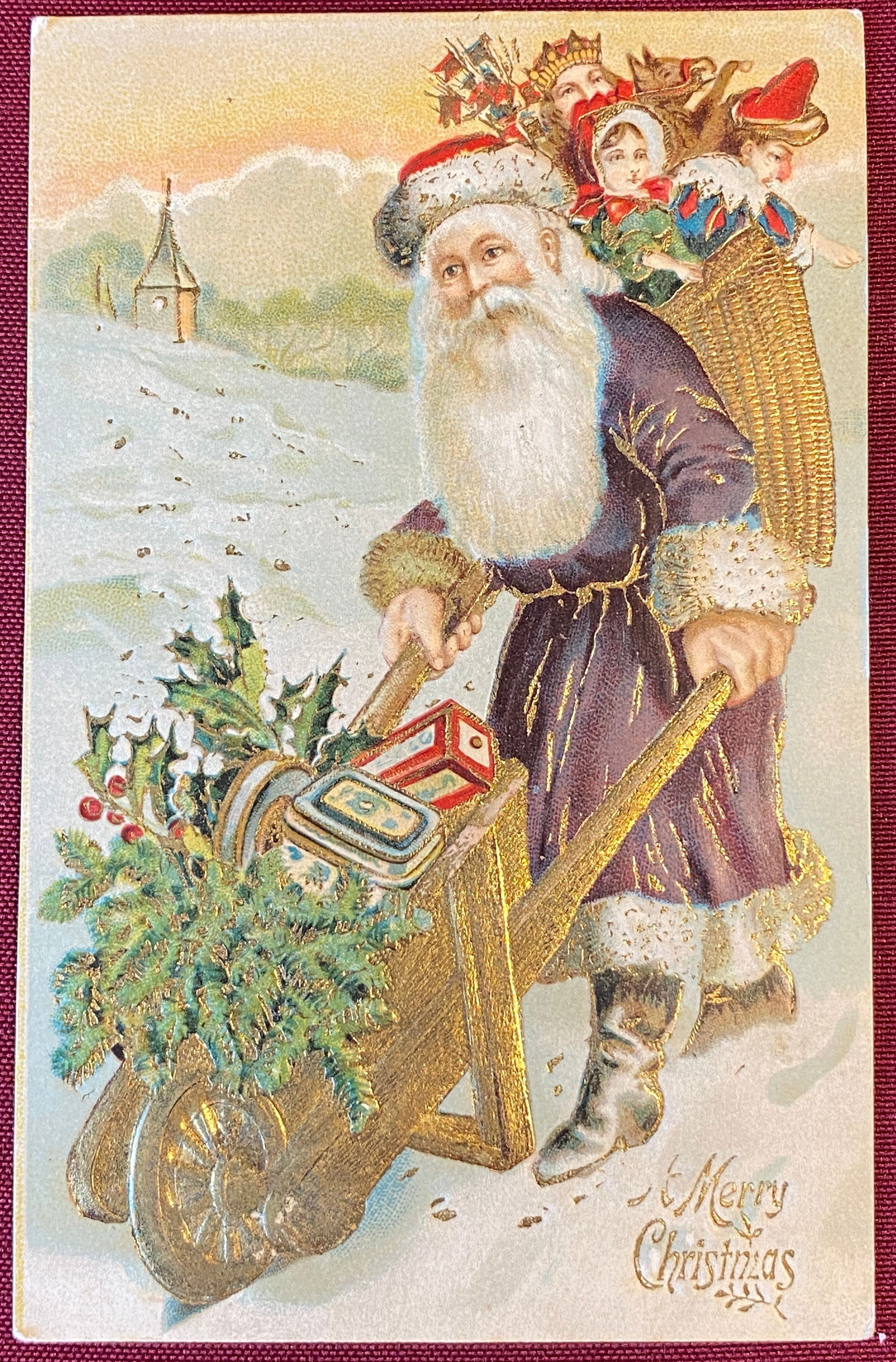 Rare Old World Santa Purple Robe Red & White Hat Wheelbarrow with Toys 1914 WWI Postcard Sack of (1 of 4)