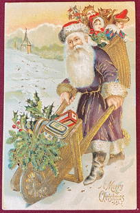 Rare Old World Santa Purple Robe Red & White Hat Wheelbarrow with Toys 1914 WWI Postcard Sack of: Rare Old World Santa Purple Robe Red & White Hat Wheelbarrow with Toys 1914 WWI Postcard Sack of Toys
