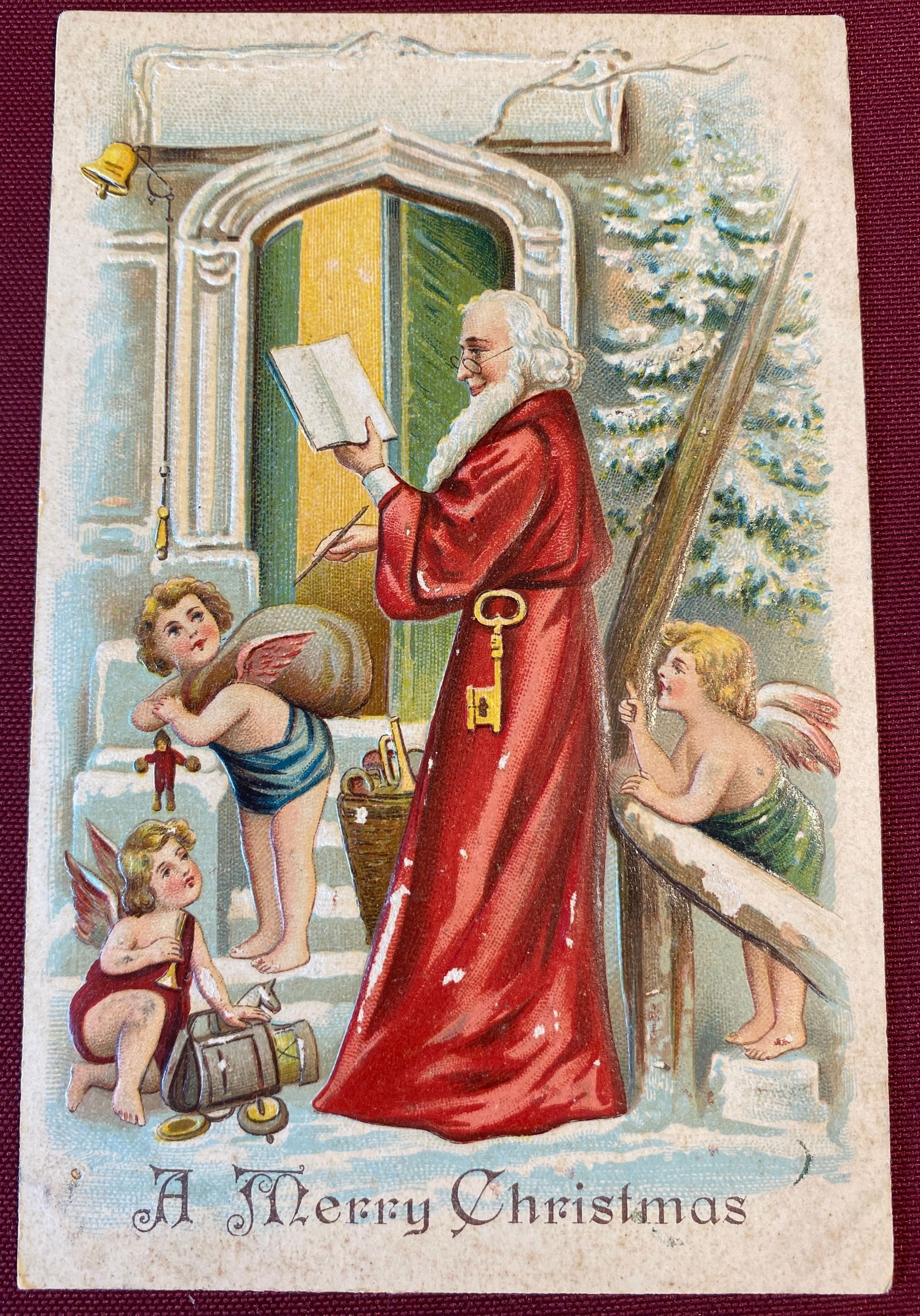 Santa Claus Christmas Postcard Circa 1910 Snow Tree Key Cupids: Santa Claus Christmas Postcard Circa 1910 Snow Tree Key Cupids