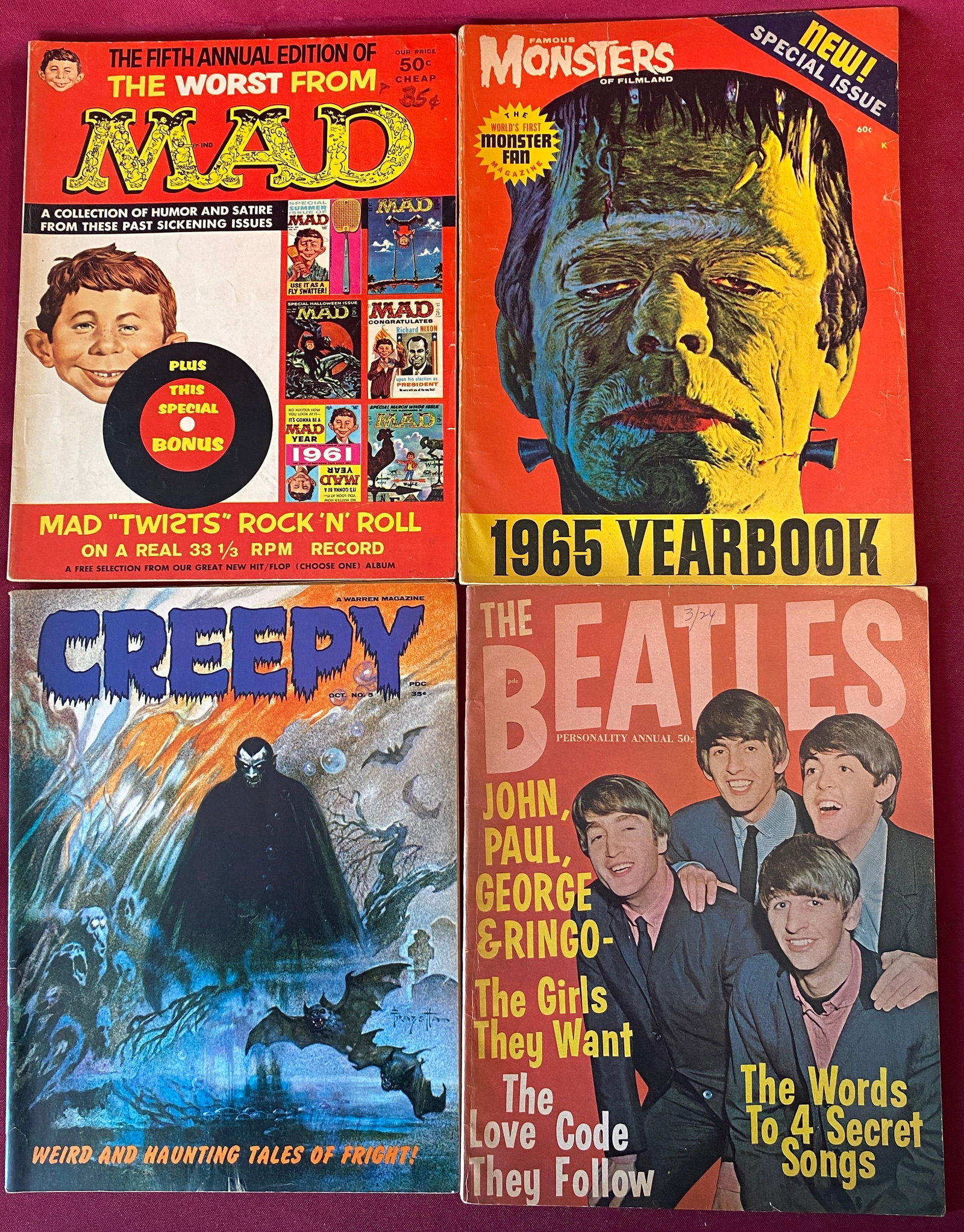 Four Collectible Older Magazines - MAD, The Beatles, Creepy, 1965 Monsters Yearbook: Four Collectible Older Magazines - MAD, The Beatles, Creepy, 1965 Monsters Yearbook