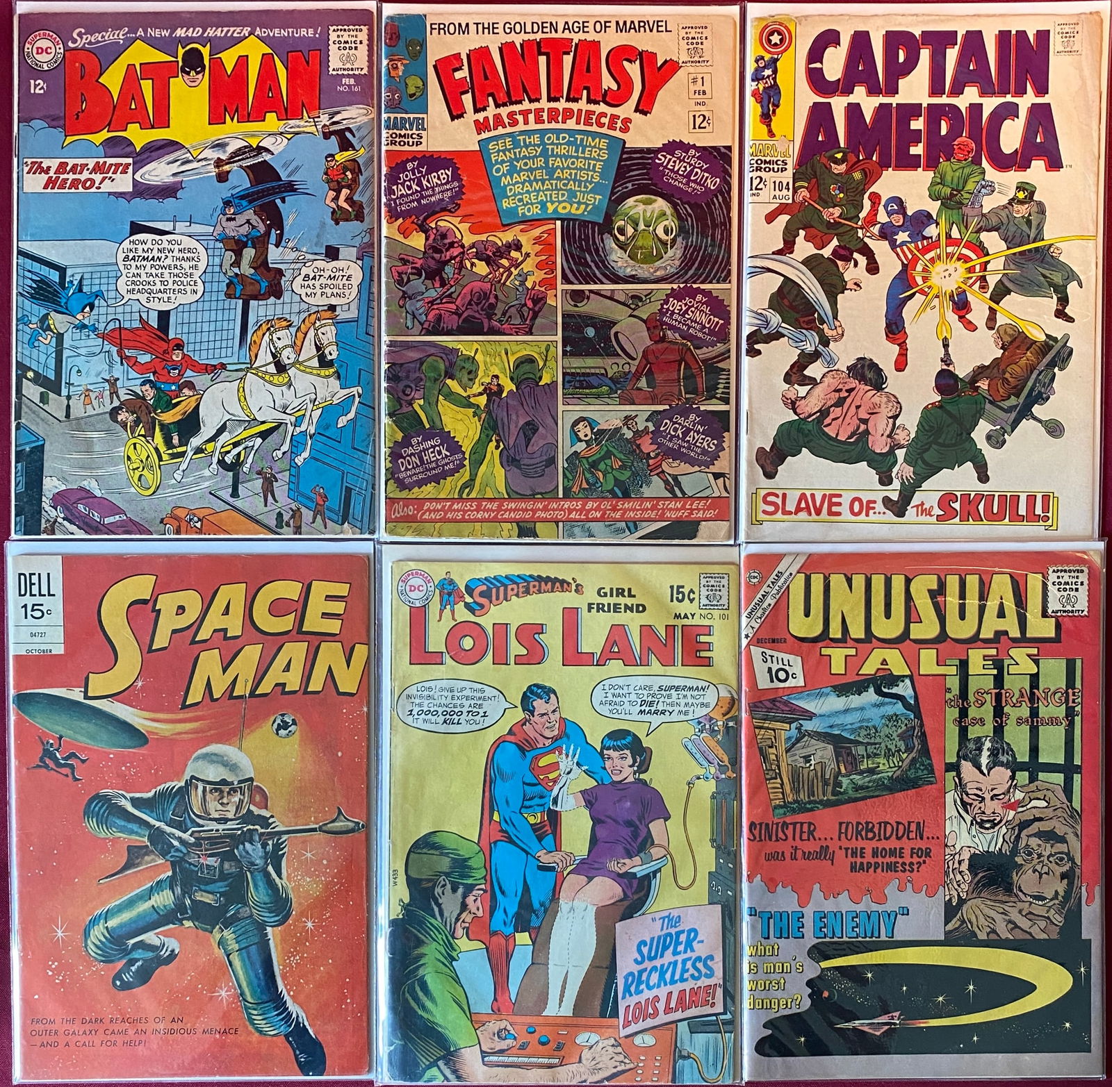 Six Older Comic Books - Batman, Fantasy, Spaceman, Captain America, Lois Lane, Unusual Tales (1 of 4)