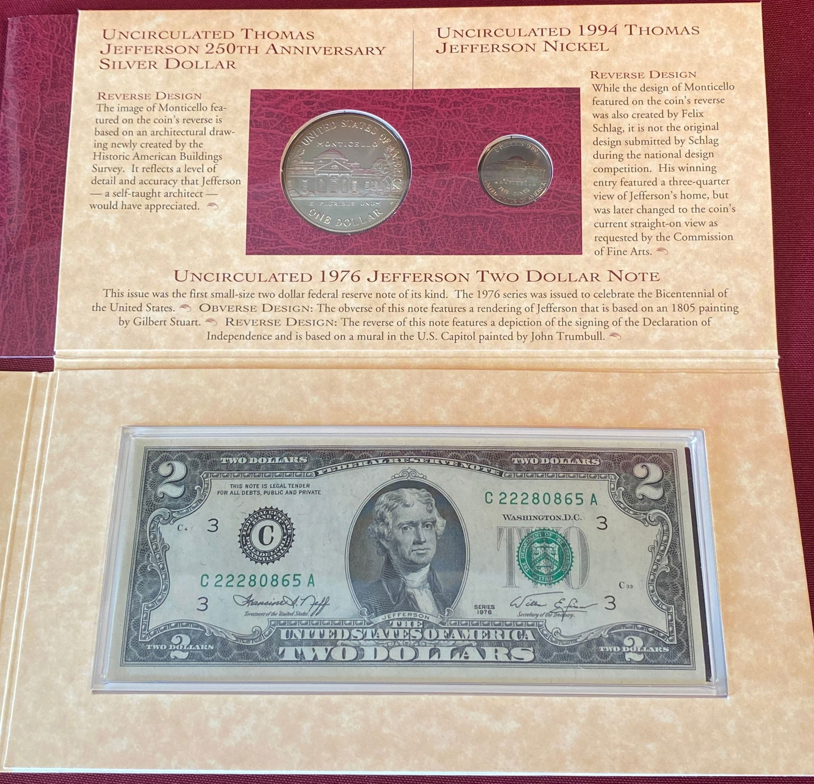 Thomas Jefferson Coinage and Currency Set - Includes Silver Dollar: Thomas Jefferson Coinage and Currency Set - Includes Silver Dollar