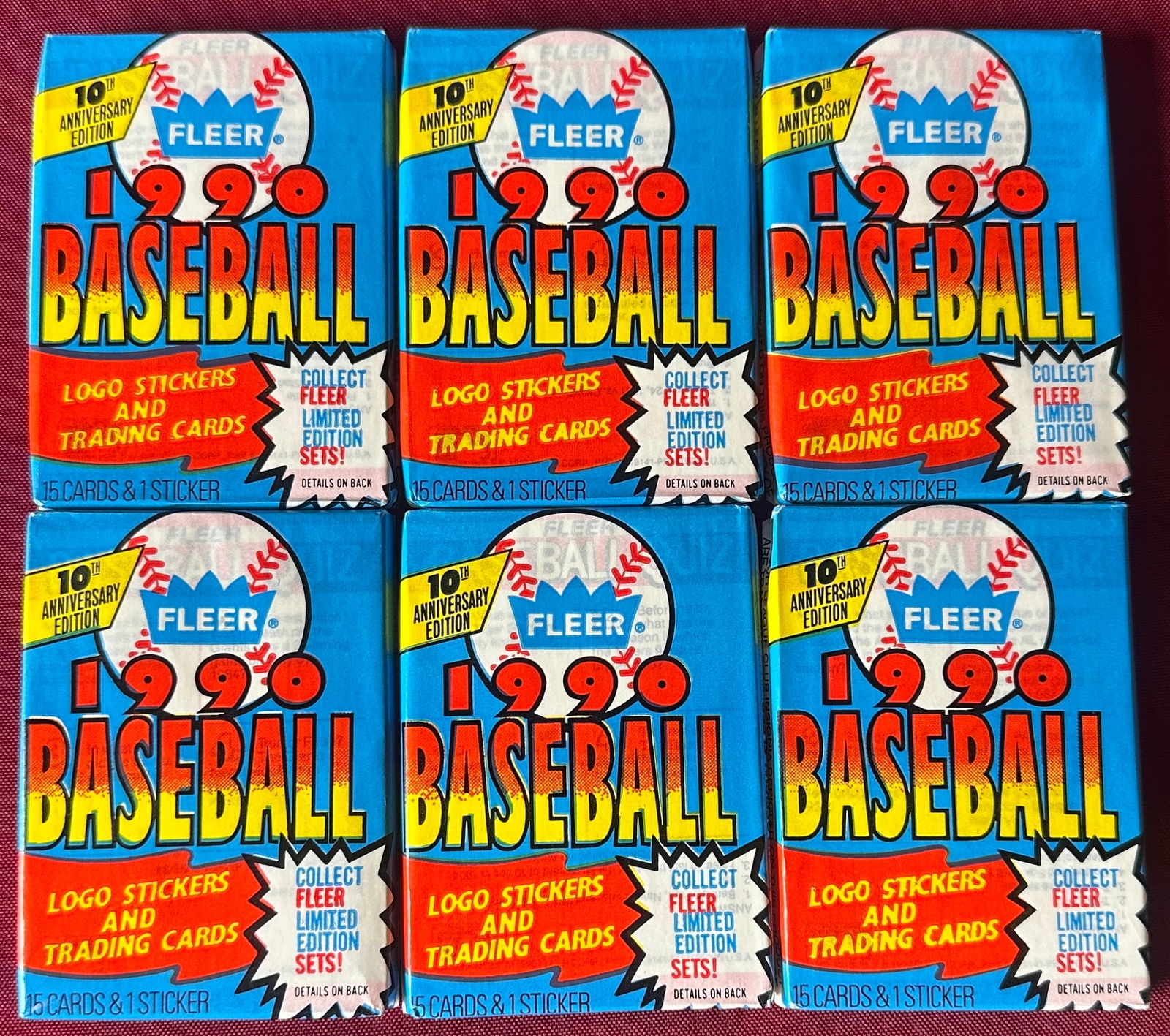 Six Fleer 1990 Baseball Cards in Packages - Stickers and Trading Cards - 10th Anniversary (1 of 2)