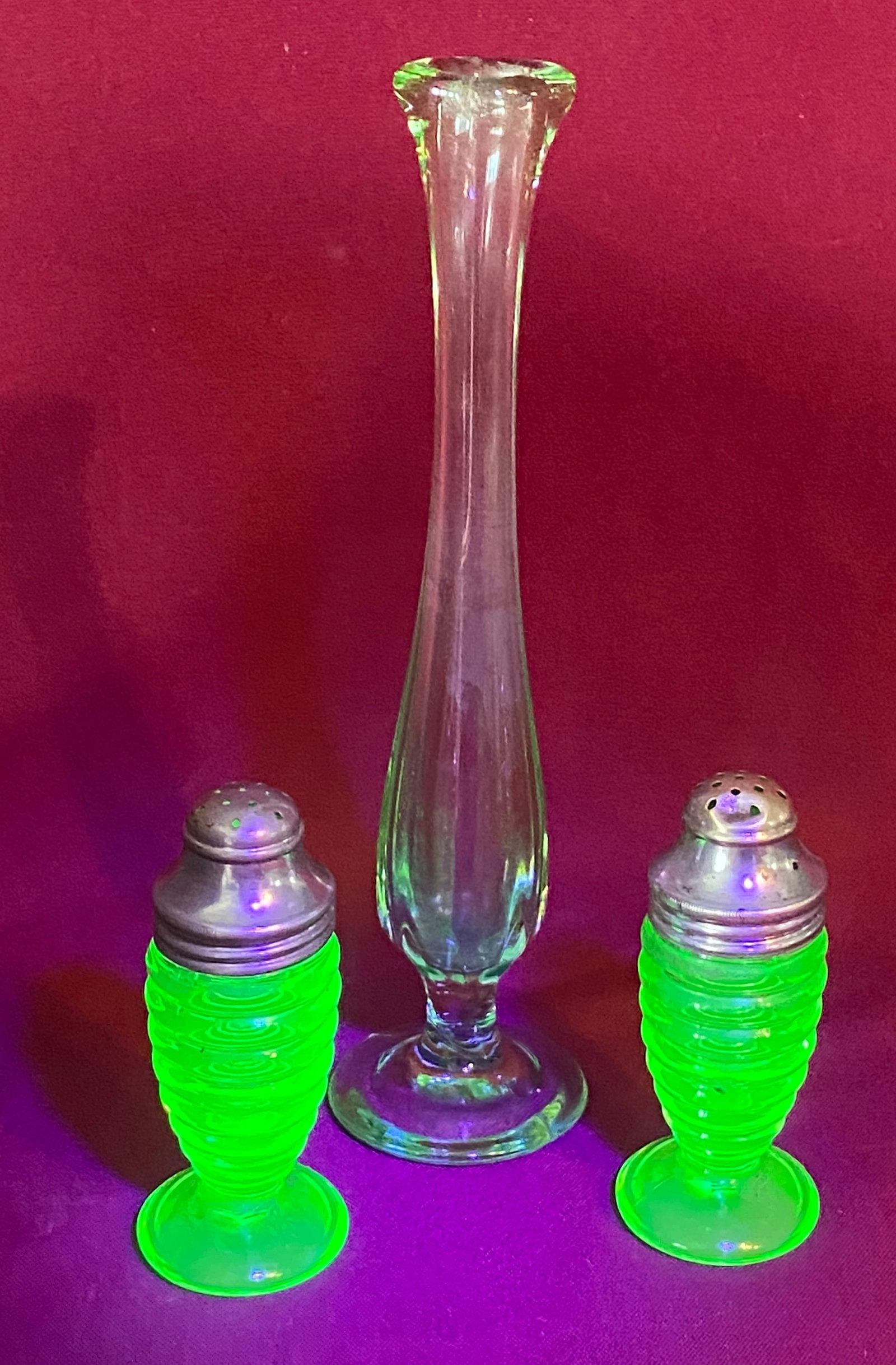 Vaseline Uranium Glass Salt & Pepper Shakers & Vase: Vaseline Uranium Glass Salt & Pepper Shakers & Vase
