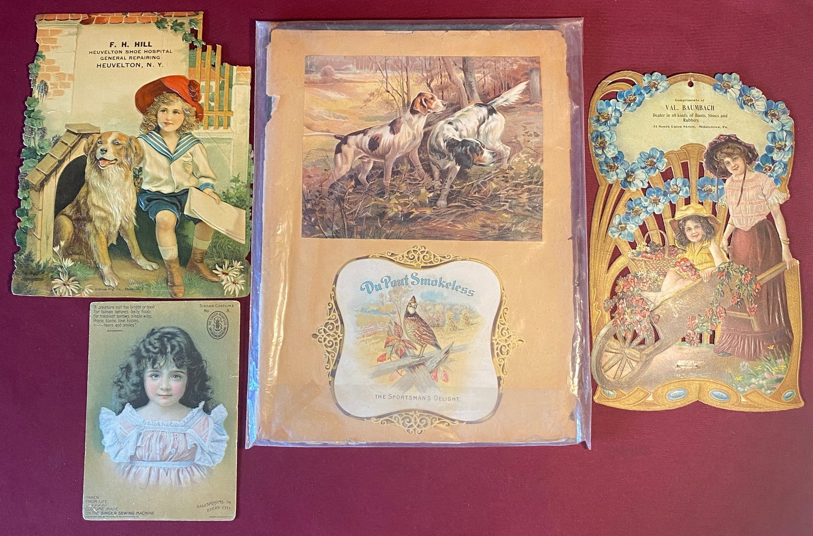 Four Pieces of Early Advertisement Ephemera - Du Pont Smokeless Gun Powder, Shoe, and Sewing: Four Pieces of Early Advertisement Ephemera - Du Pont Smokeless Gun Powder, Shoe, and Sewing